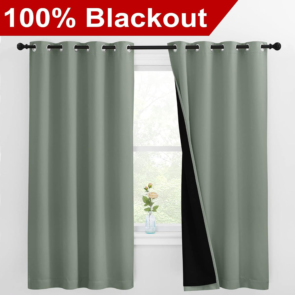 Nicetown Greyish Green 100% Blackout Lined Curtains, 2 Thick Layers Completely Blackout Window Treatment Thermal Insulated Drapes for Kitch…