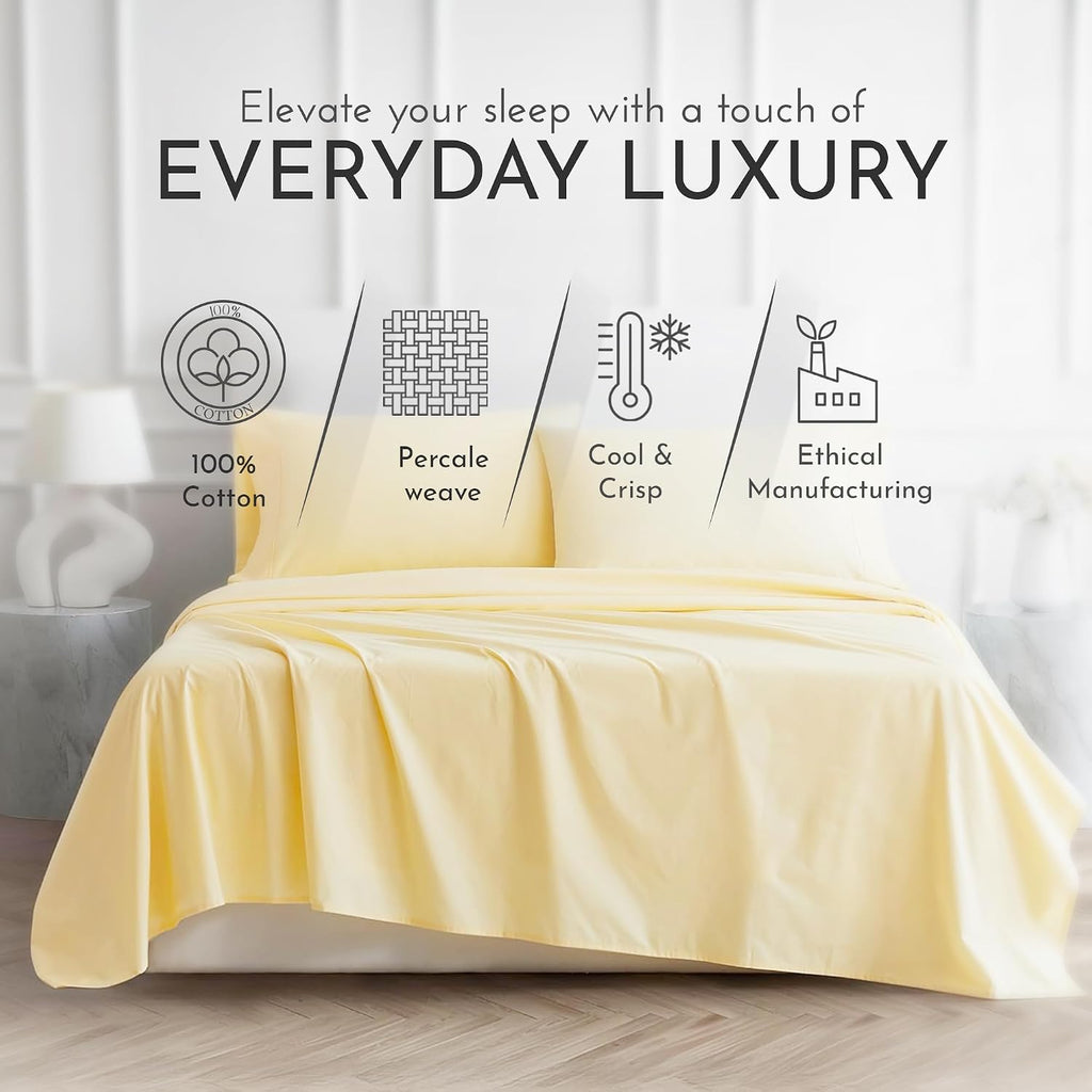 Linen Closet 3 Pcs 100% Cotton Twin Sheets Set, Lt Yellow, 400 Thread Count, Percale Weave, Deep Pocket Fitted Sheet, Fits Up To 18"…
