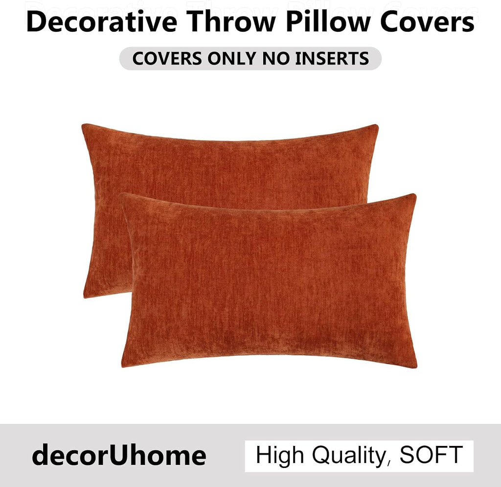 decorUhome Chenille Rust Throw Pillow Covers 12x20 Inch Set of 2, Decorative Soft Couch Pillow Covers Solid Dyed Accent Farmhouse Neutral R…
