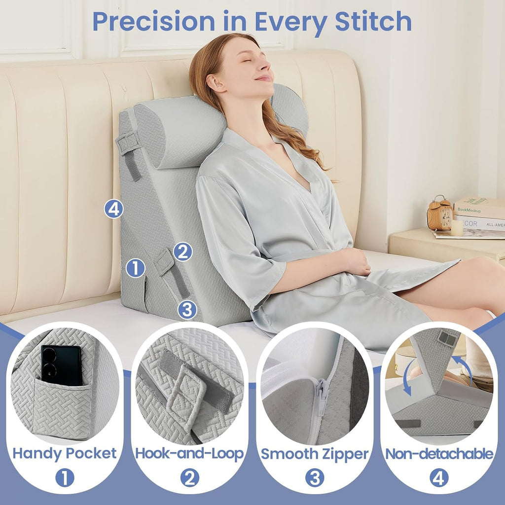 Sasttie Wedge Pillow Set for After Surgery, 2PCS Adjustable Bed Wedge Pillow Headboard with Memory Foam Neck Cushion – for Acid Reflux, Sle…