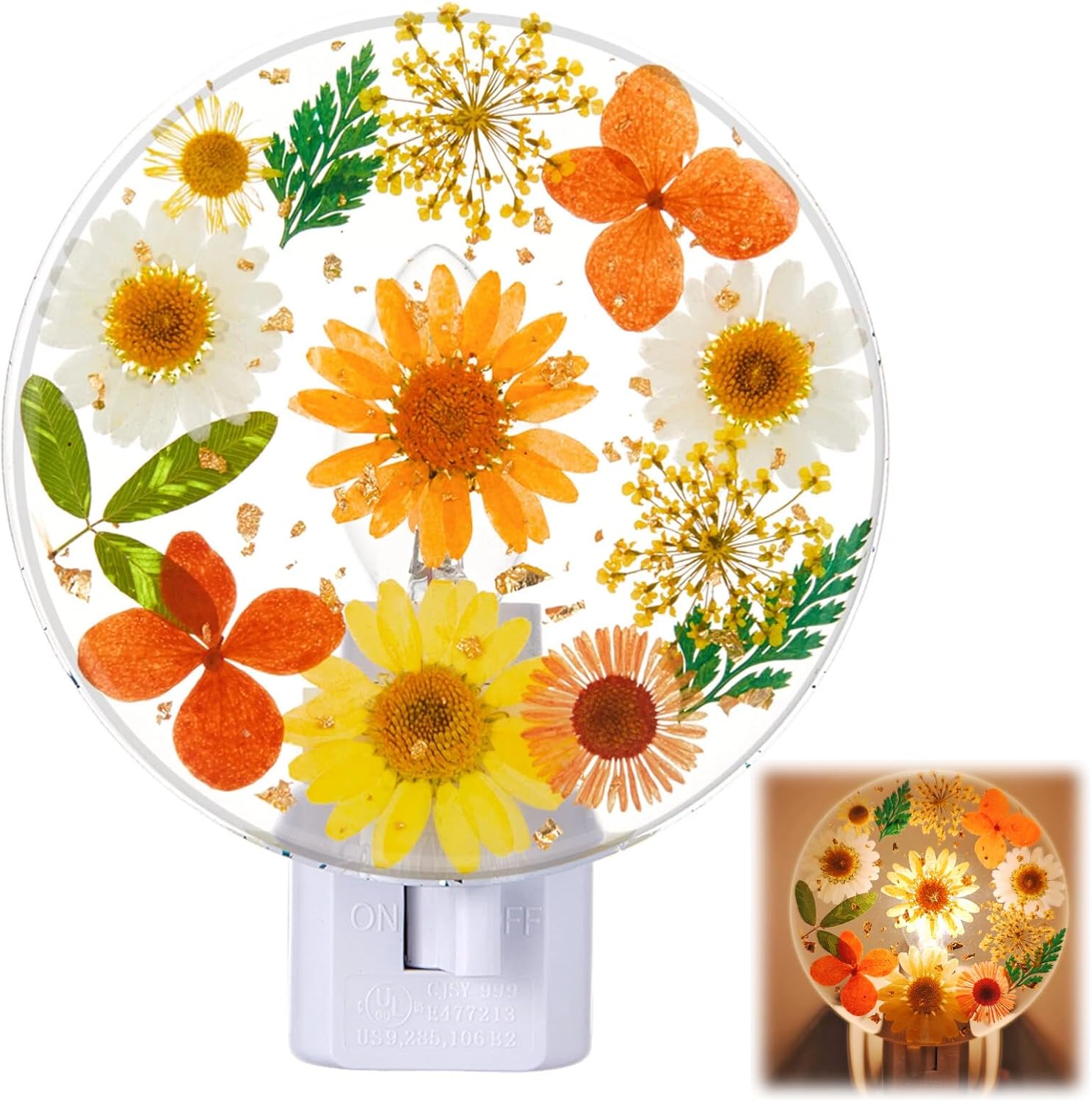 Glooglitter Pressed Flower Night Light Plug in - Handmade Dried Floral Wall Night Light, Soft Glow Decorative Nightlight for Hallway Bedroo…