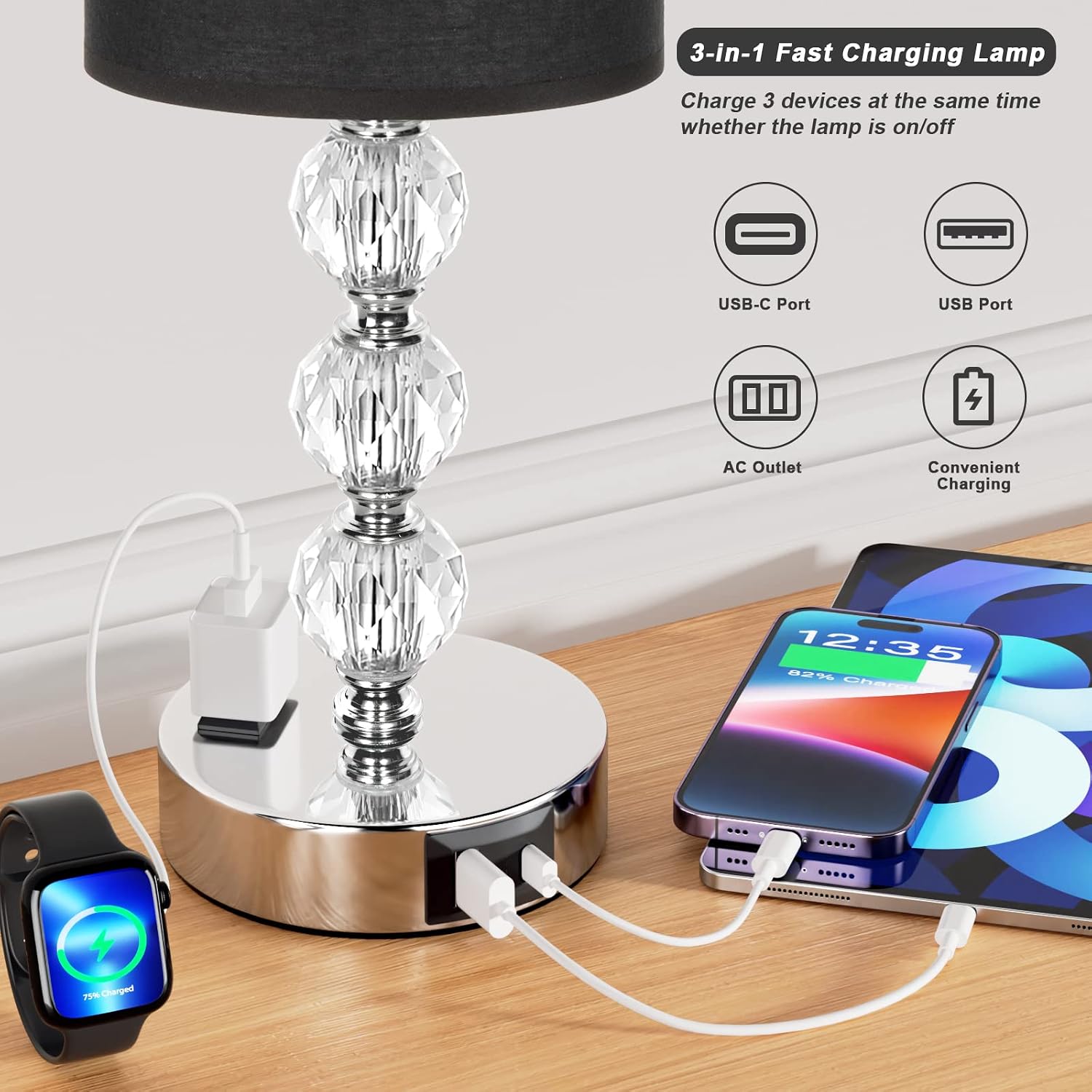 Black Touch Bedside Lamps for Bedrooms - Crystal Table Lamp with USB C+A Charging Port and AC Outlet Nightstand, 3 Way Dimmable Silver…