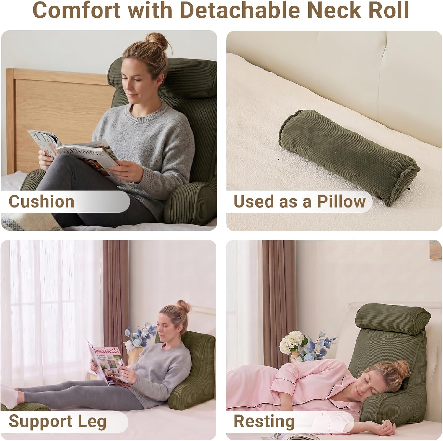 Reading Pillow for Bed with Detachable Neck Roll and Shredded Memory Foam, Back Pillow with Arms for Sitting Up, Washable Bed Rest Pillow…