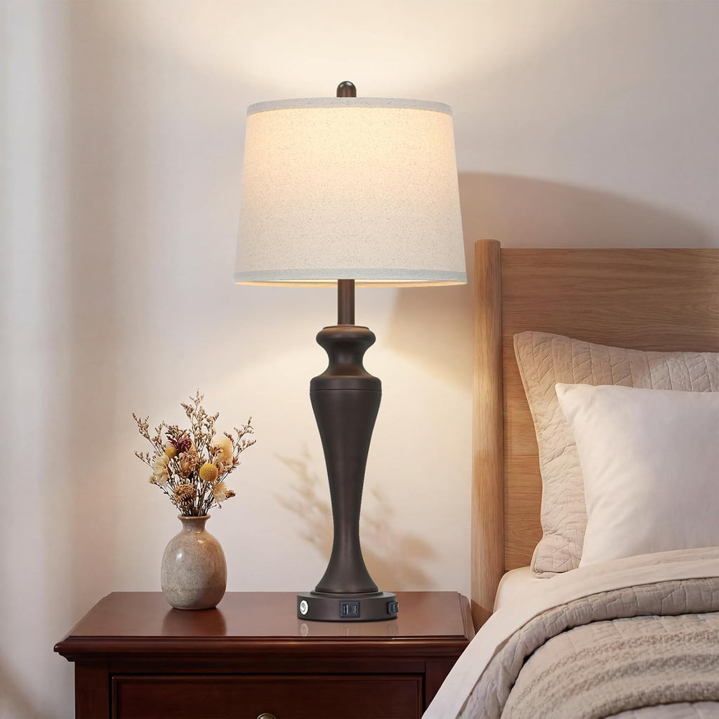 Ruzectt 30" Dark Brown Table Lamp Single, 3-Way Touch Control Bedside Lamp with USB A+C Ports and AC Outlet, Tall Living Room Lamps for…