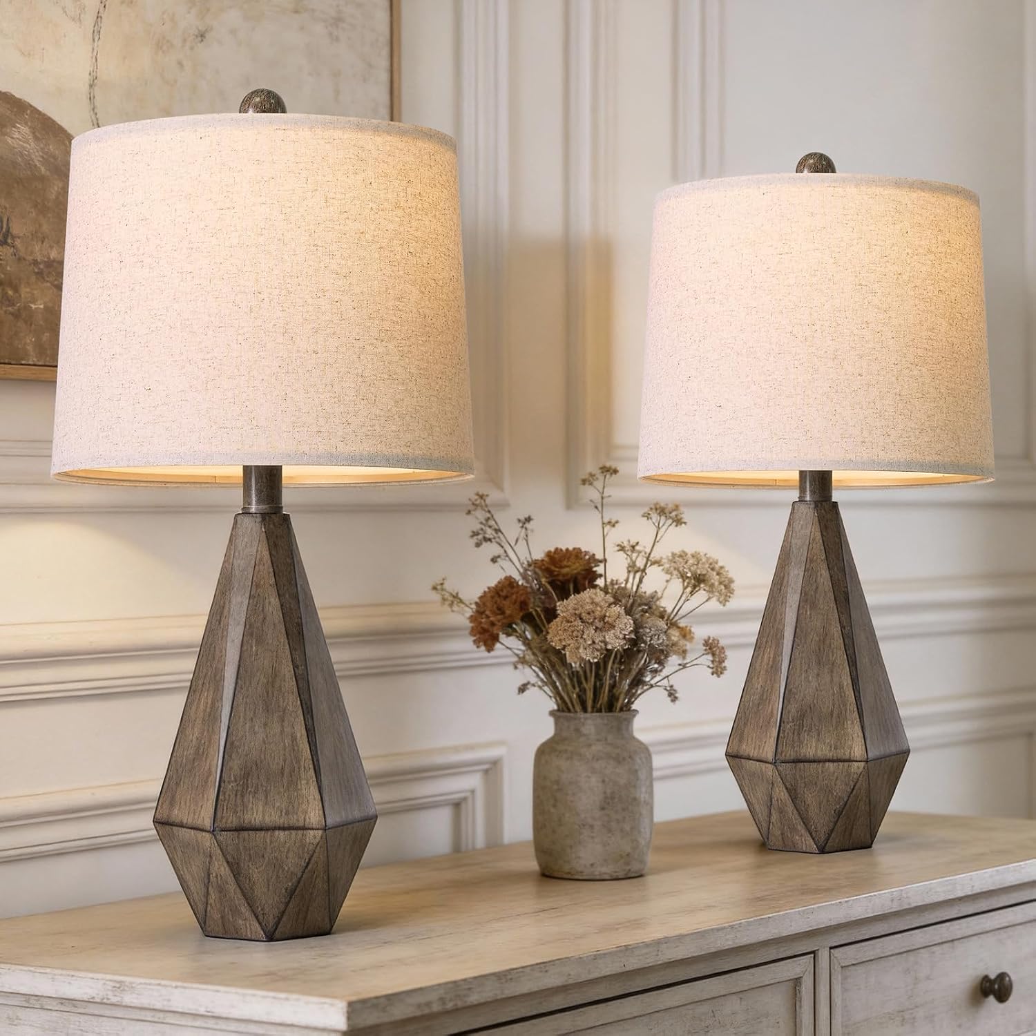 PoKat 23.5'' Table Lamps Set of 2 for Bedroom, Farmhouse Nightstand Lamps for Living Room, Rustic Bedside Lamps with Linen Lampshade for…