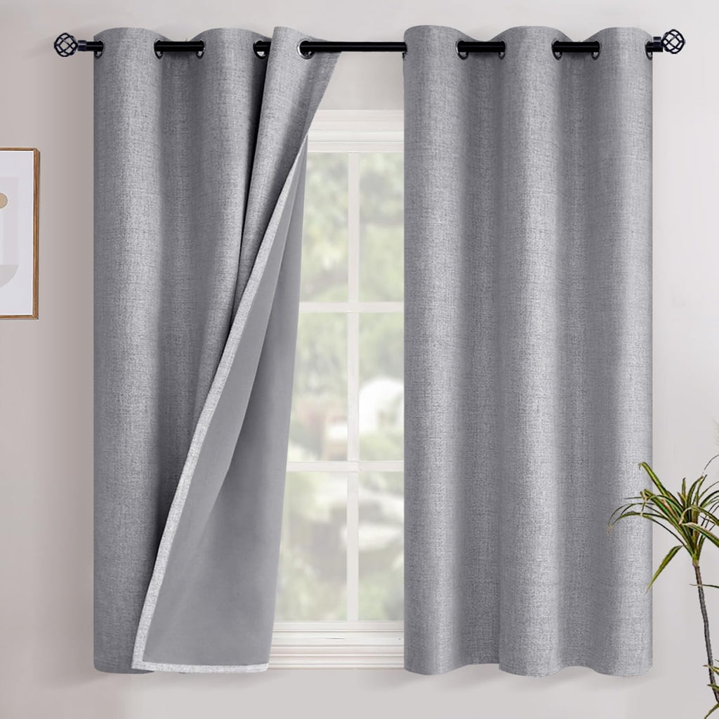 YoungsTex Grey Linen Blackout Curtains 48 Inch Length for Bedroom, Short Window Drapes Full Room Darkening with Grommet Thermal Insulated f…