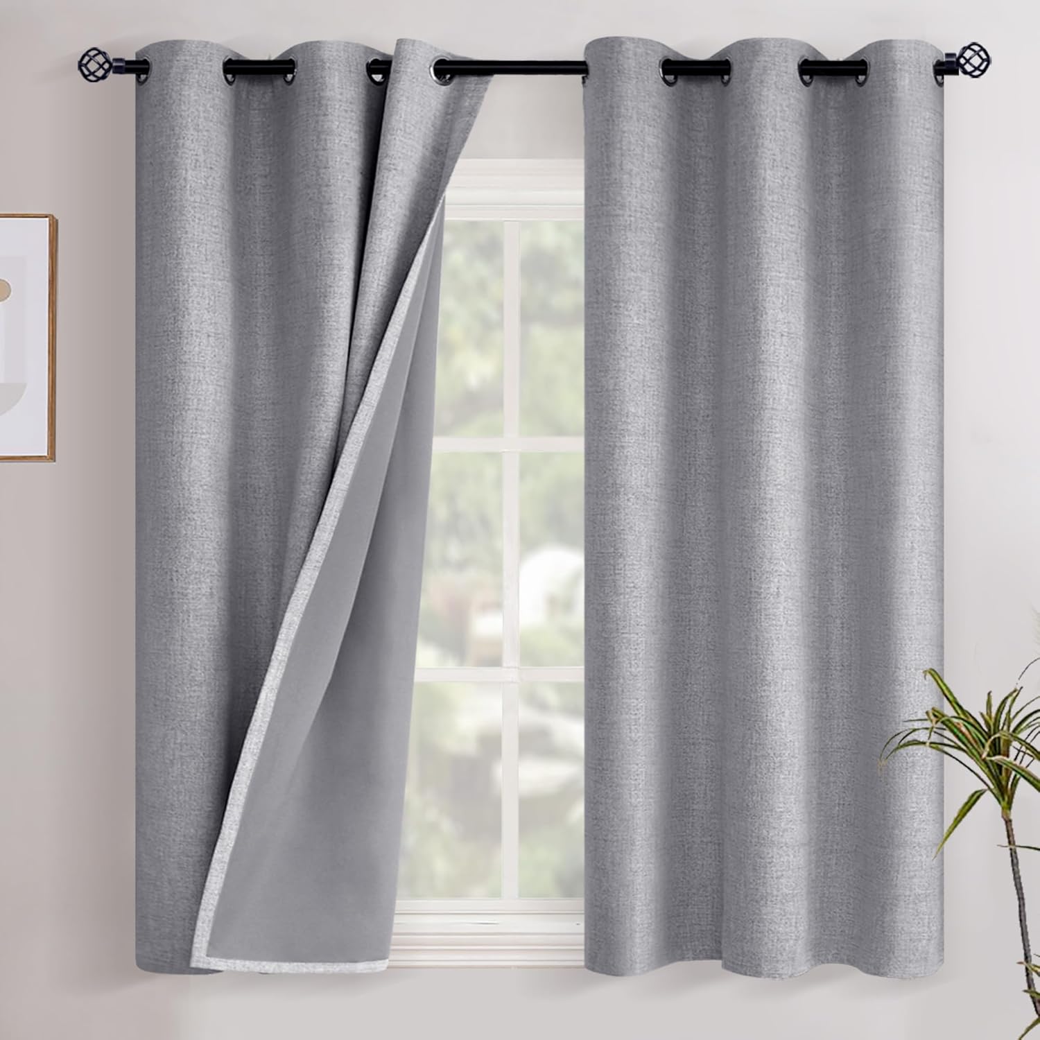 YoungsTex Grey Linen Blackout Curtains 48 Inch Length for Bedroom, Short Window Drapes Full Room Darkening with Grommet Thermal Insulated f…