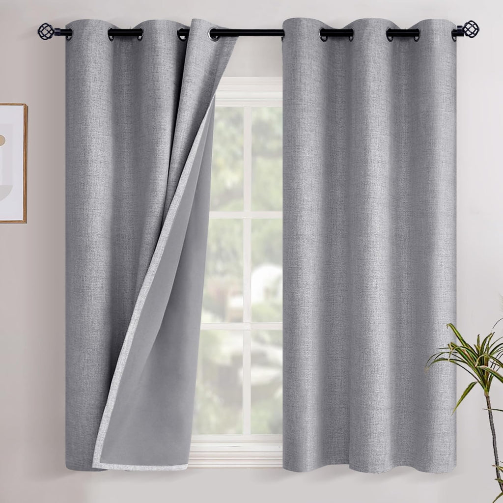 YoungsTex Grey Linen Blackout Curtains 54 Inch Length for Bedroom, Short Thermal Insulated Black Out Drapes with Grommet Energy Saving for…