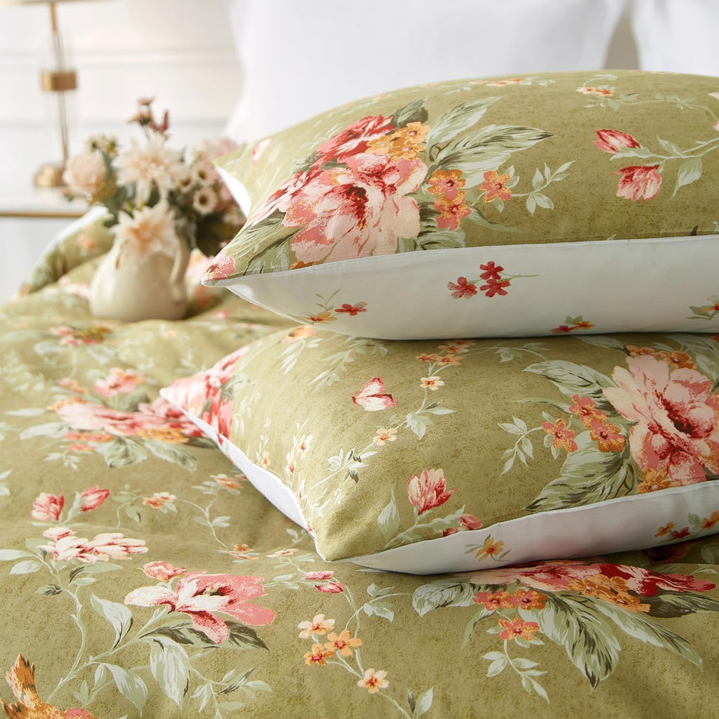 mixinni Duvet Cover King Size, Long Staple Cotton Reversible Green Floral Duvet Cover Set with Zipper Ties, 3 Pieces Botanical Pink Flowers…