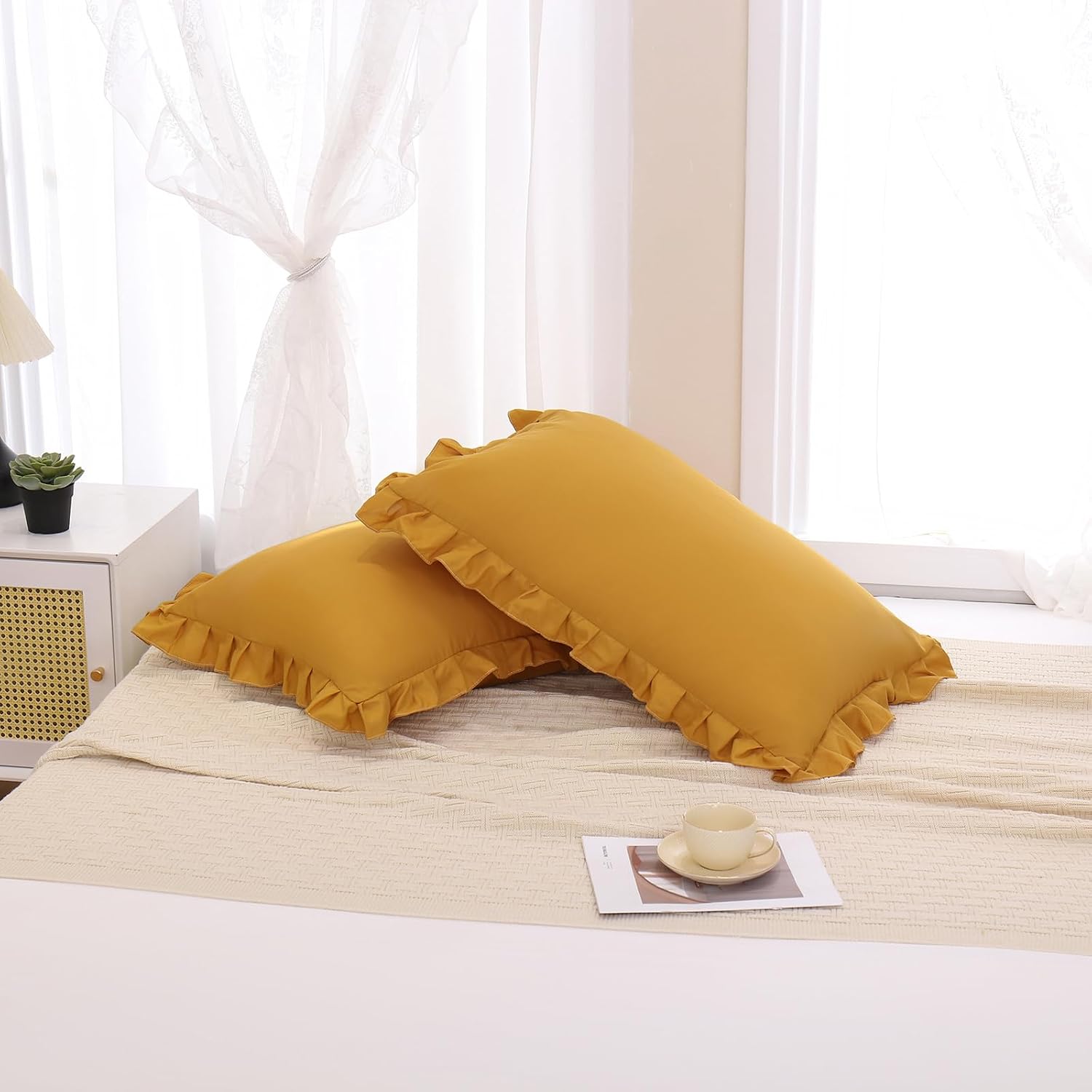 Merryword Mustard Yellow Pillowcases King Pillowcases Set of 2 Ruffle Pillow Shams Cute Pillow Covers Solid Ruffled Fringe Design Yellow Sh…