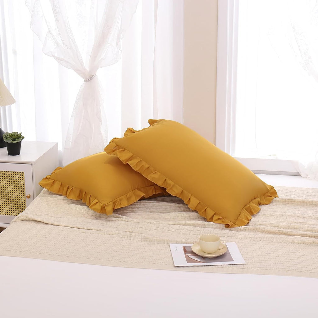 Merryword Mustard Yellow Pillowcases QueenPillowcases Set of 2 Ruffle Pillow Shams Cute Pillow Covers Solid Ruffled Fringe Design Yellow Sh…