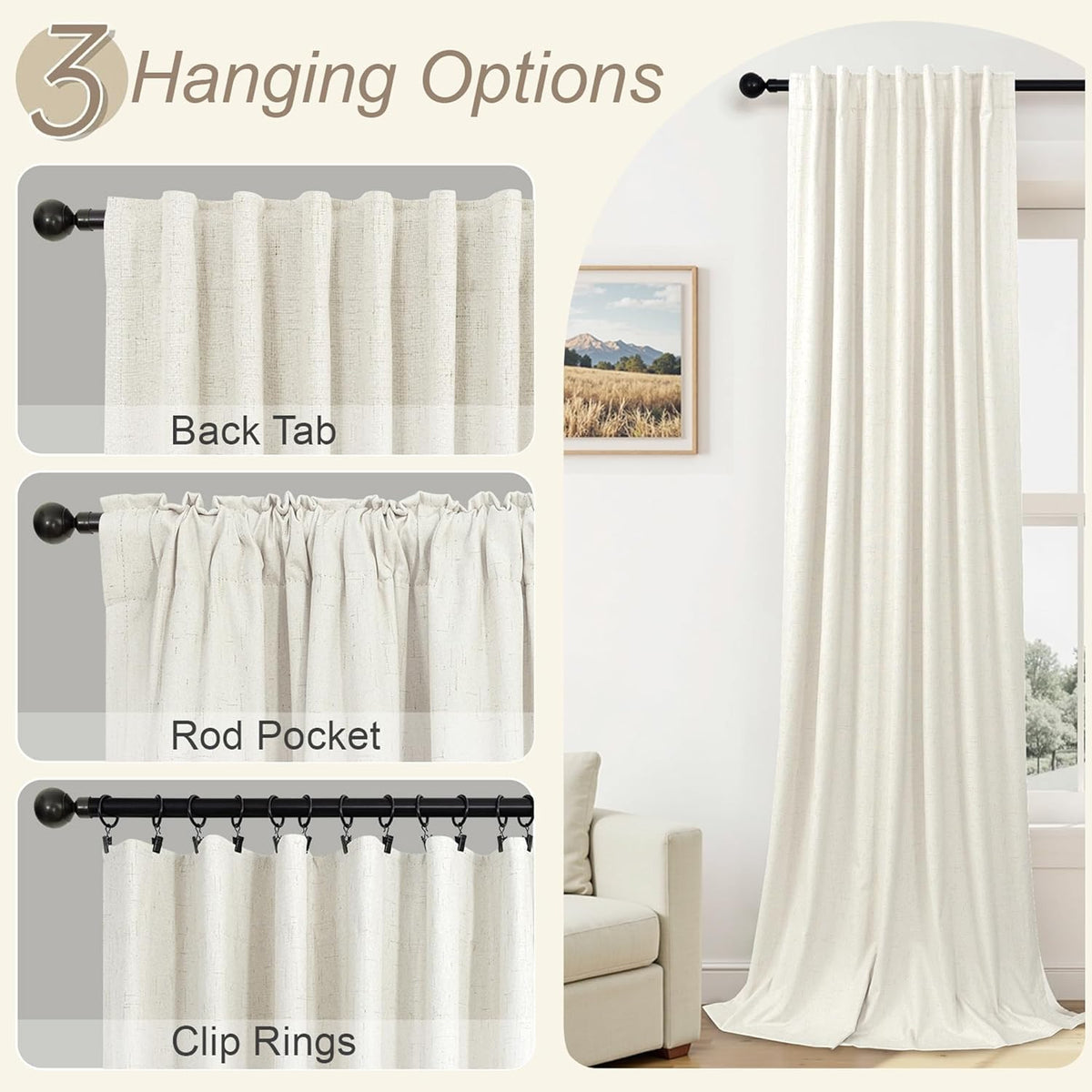 Pitalk 102 Inch Blackout Curtains Cream for 103 Inch Length Window Drapes Elegant Farmhouse Style Custom Made Black Out Weather Curtain for…