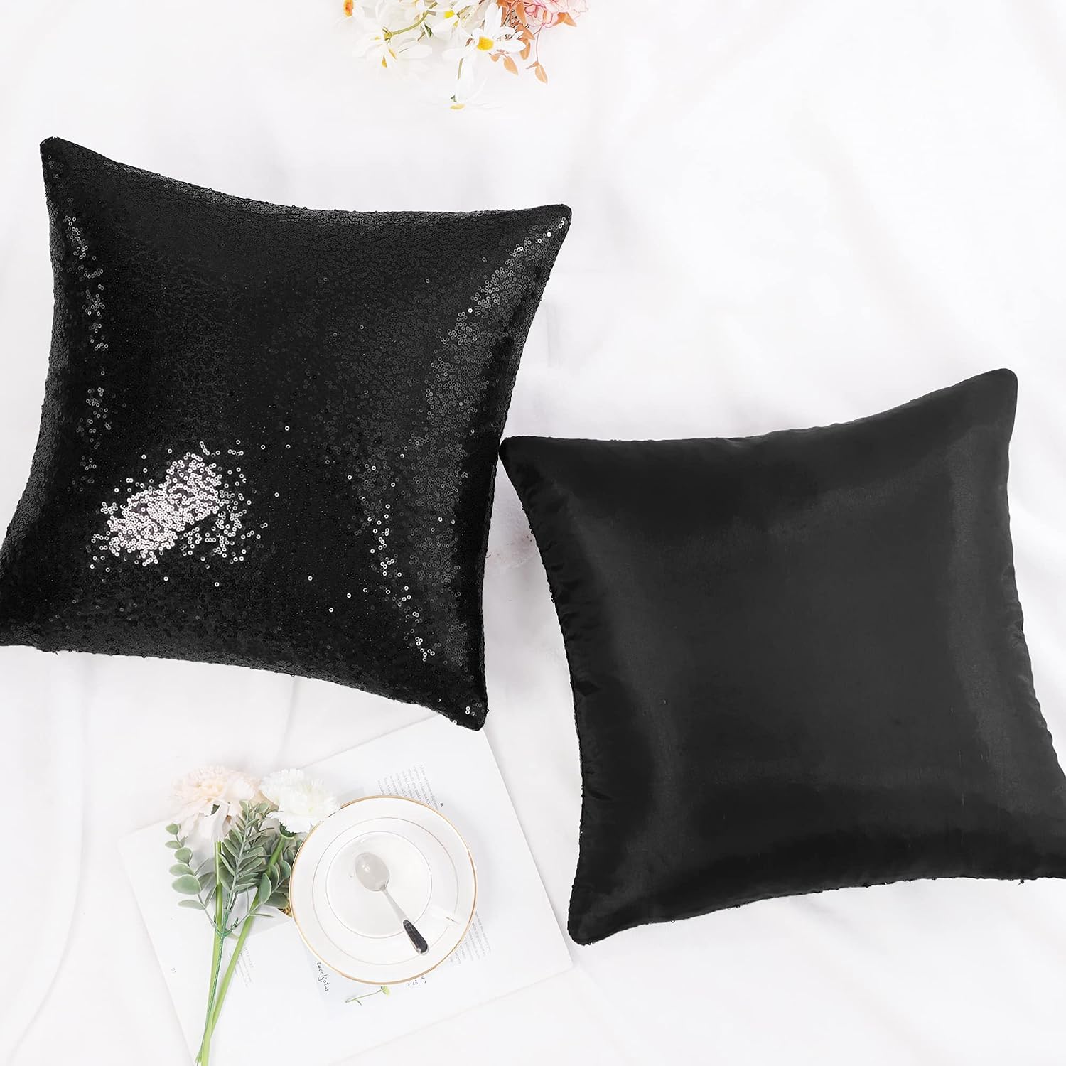 uxcell 2 Pcs Black Sequin Throw Pillow Covers, Shiny Sparkling Comfy Satin Sequin Cushion Covers, Decorative Pillowcases for…