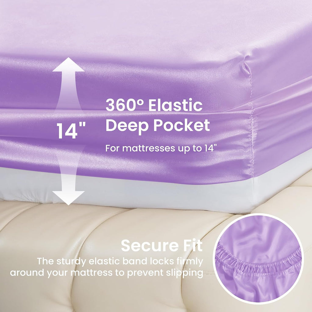 Lovescabin Love's cabin 4Piece California King Satin Bed Linen Set, Lavender Silky Satin Sheets, Deep Pocket, Luxury Silk Feel, 1 Flat, 1 F…