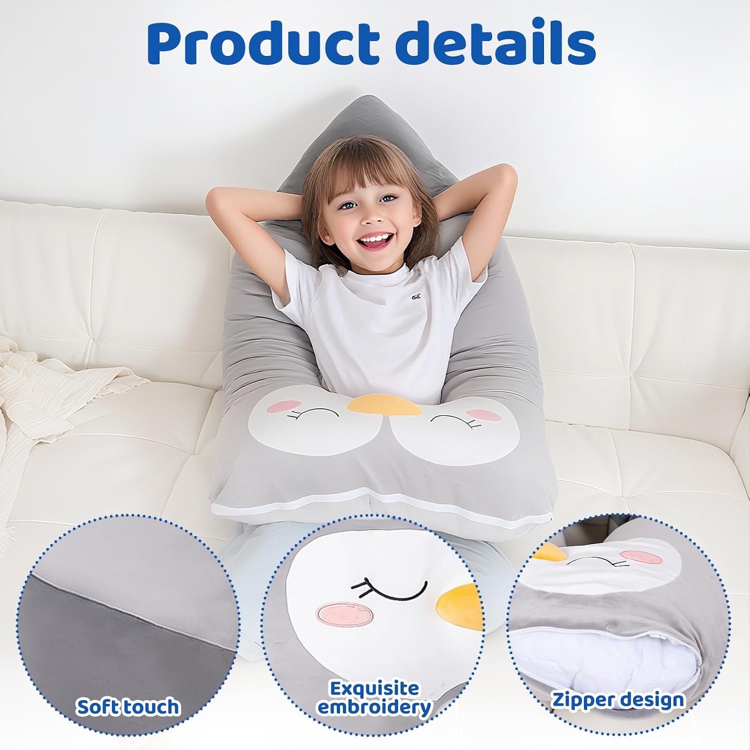47x23 inch U Shaped Long Plush Body Pillows for Kids, Stuffed Animal Penguin Soft Large Pillow for Sleeping, Big Cute Plushies, Washable…