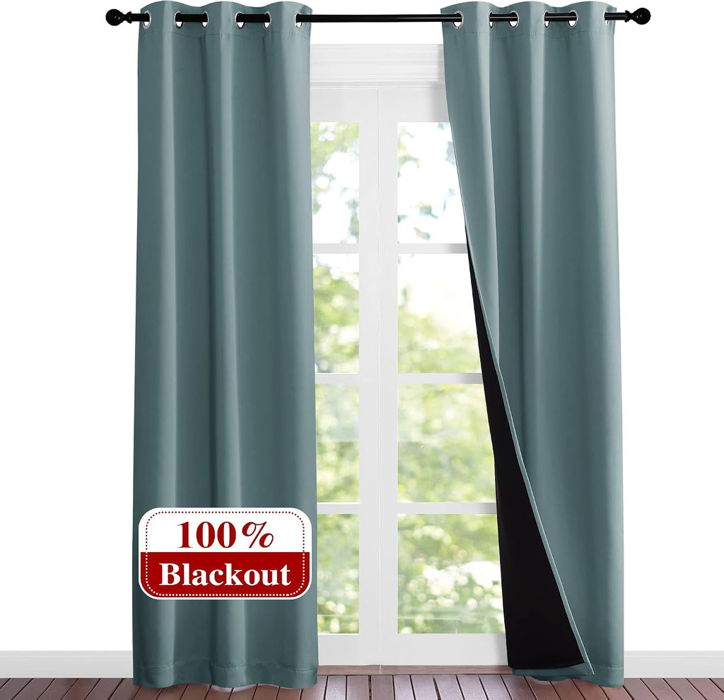 Nicetown Greyish Blue Blackout Curtains 84 inches Long, Full Light Blocking Drapes with Black Liner for Nursery, Noise Reducing Thermal Ins…