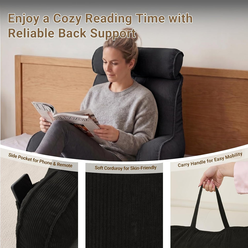 Reading Pillow for Bed with Detachable Neck Roll and Shredded Memory Foam, Back Pillow with Arms for Sitting Up, Washable Bed Rest Pillow…