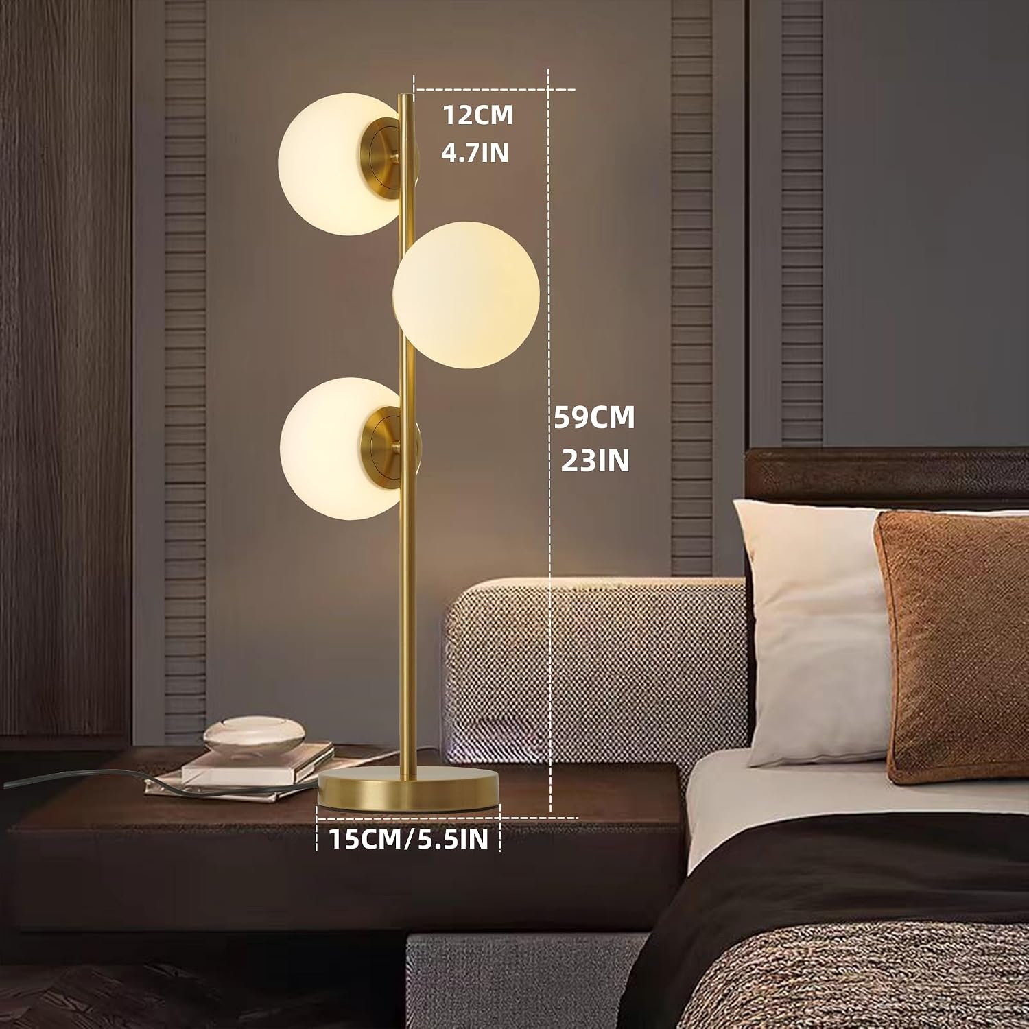 Mid Century Modern 3-Light Table Lamp, Gold LED Nightstand Lamp with White Glass Shades, Bedside Decor Lamp for Bedroom Living Room Office