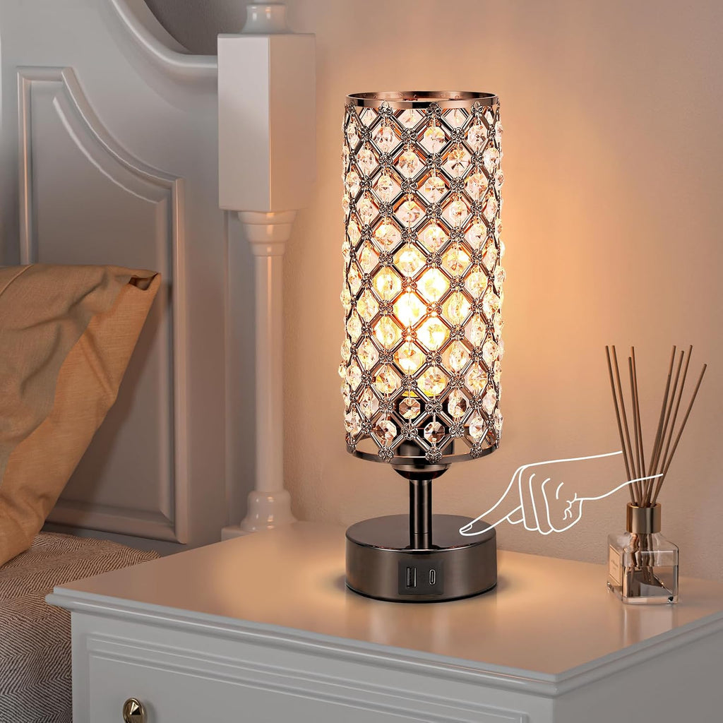 Hong-in Crystal Table Lamp, Black Lamp with USB C+A Ports, 3 Way Dimmable Light with Crystal Lampshade, Bedside Lamp Small Touch Light for…