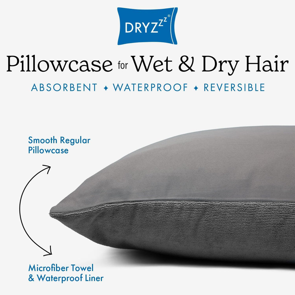 DryZzz Waterproof Towel Pillowcase 2 Pack Gray, Standard Size 29"x19" Dual-Sided Waterproof Pillow Covers for Wet & Dry Hair, Protects Agai…