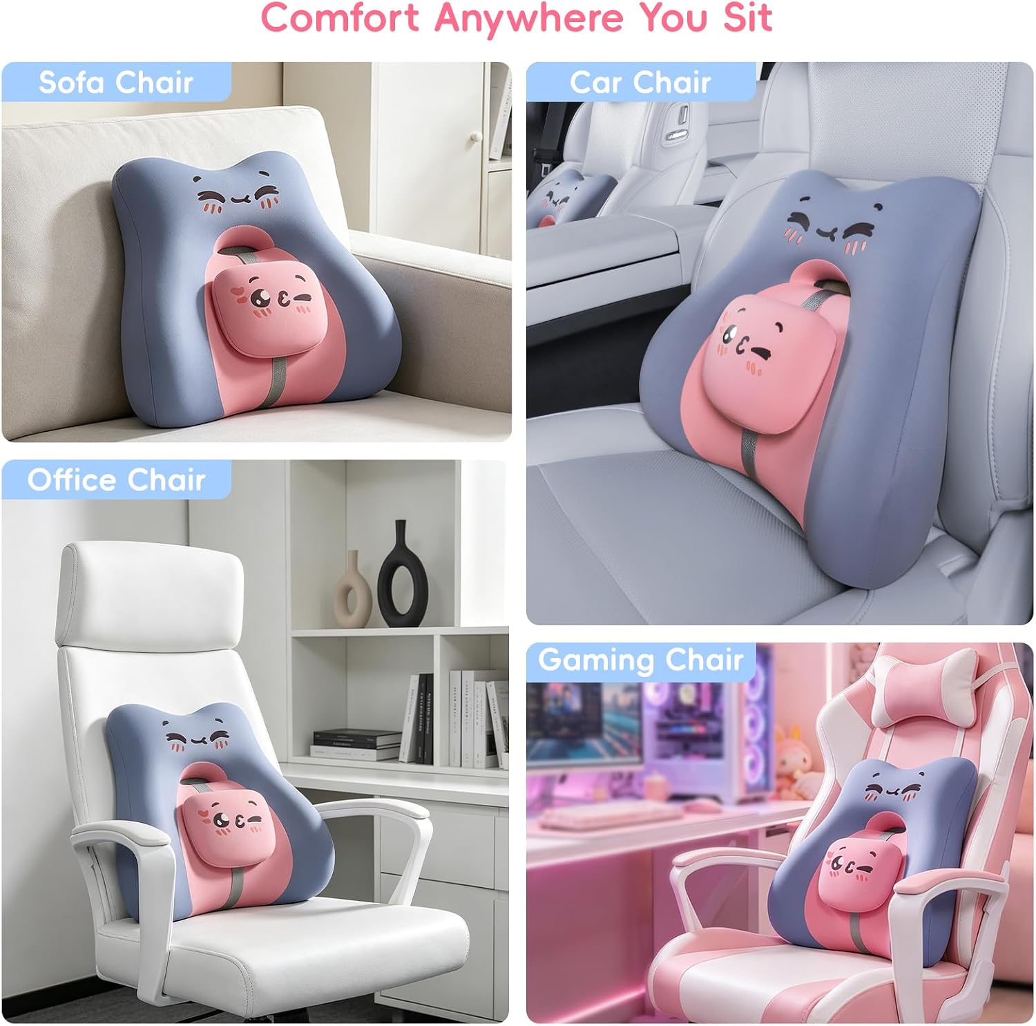 Bebas Lumbar Support Pillow for Car & Office Chair - Ergonomic Back Support Cushion with Adjustable Memory Foam Bolster, Cute Cartoon Desig…