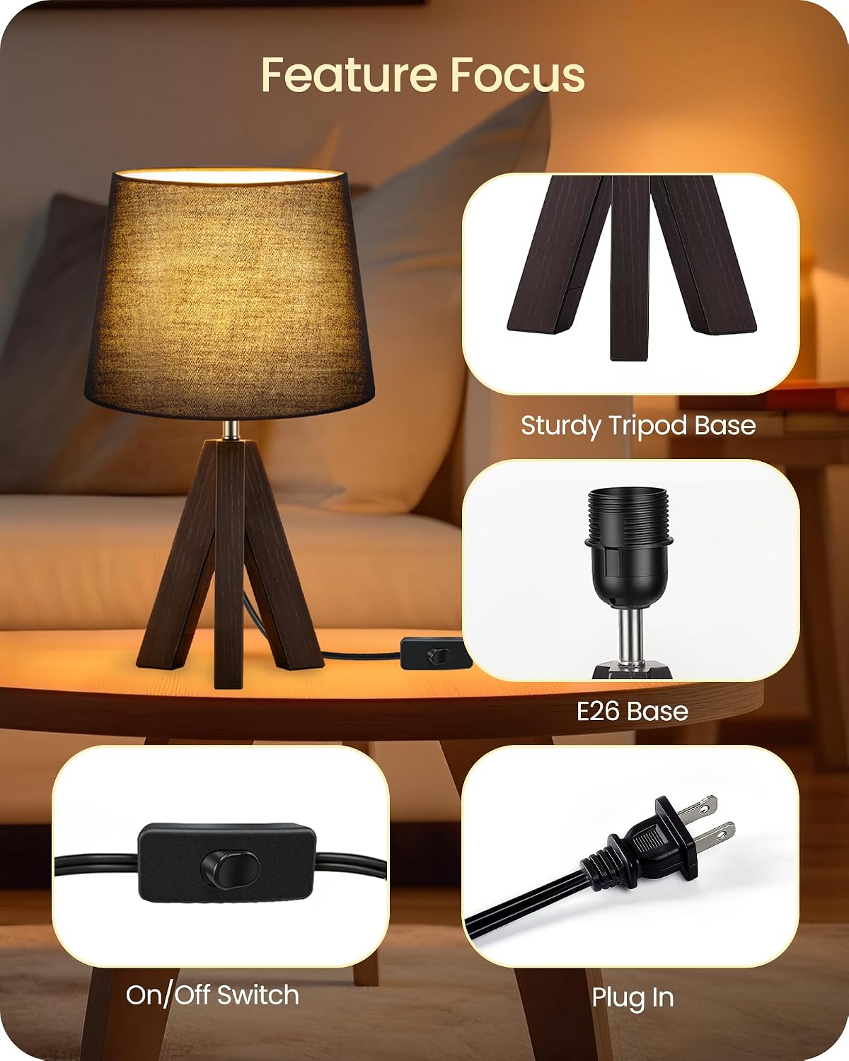Tripod Table Lamp, 14.6" Small Bedside Lamp, Modern Nightstand Lamp with Black Shade & Dark Walnut Base, Black Table Lamp for Bedroom…