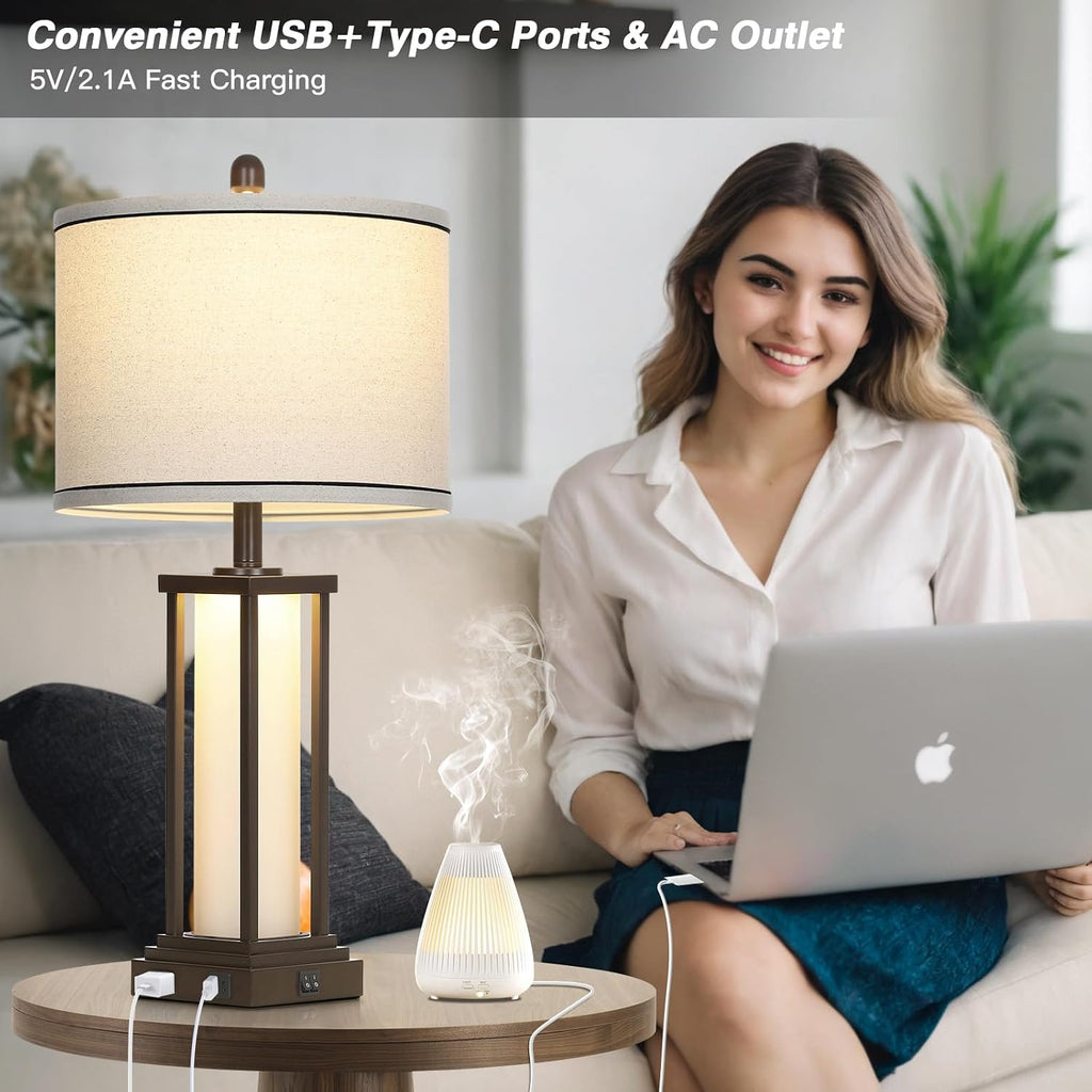 Cinkeda 27" Tall Vintage Table Lamps with USB C+A & Outlet, Brown End Table Lamp Set of 2 for Living Room, Rustic Bedside Lamps with…