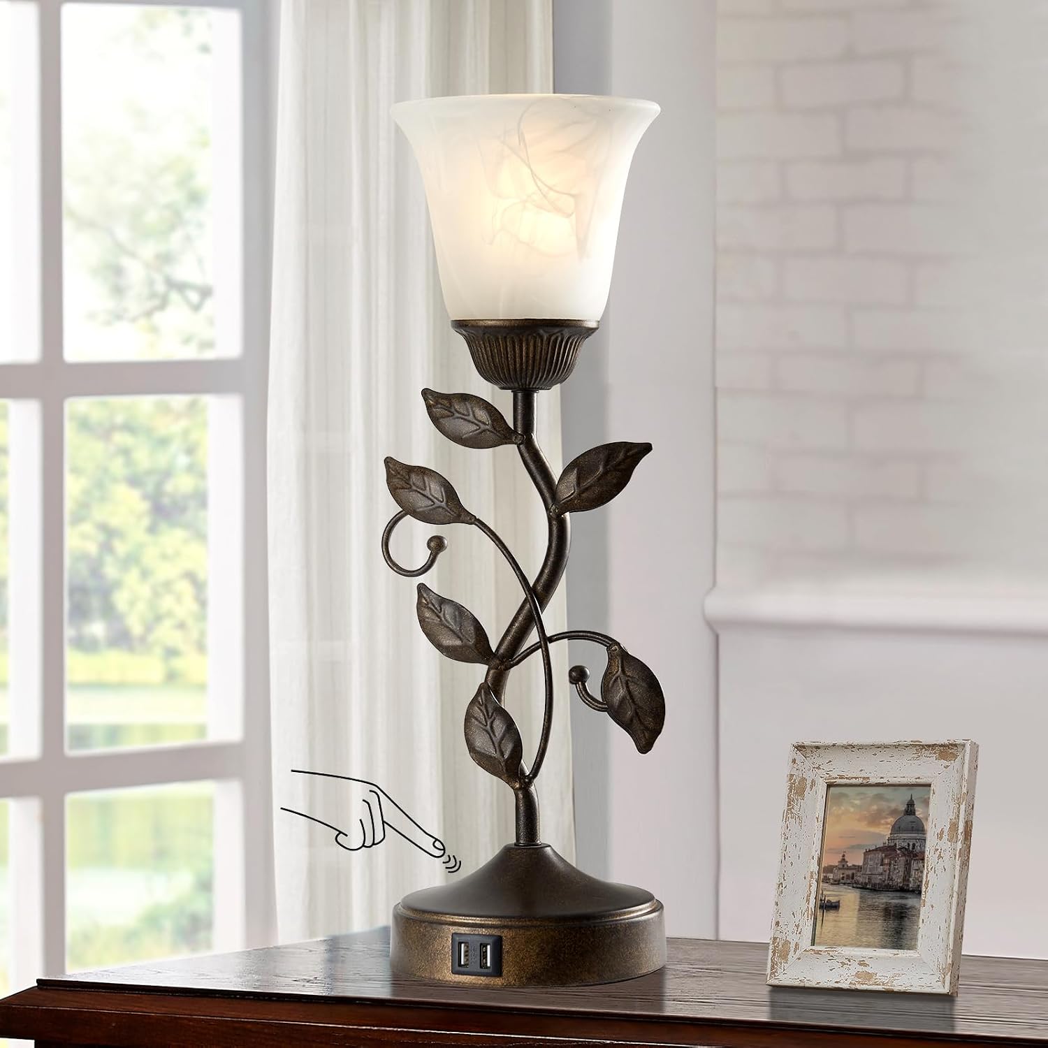 Touch Bedside Table Lamp, Vintage Nightstand Lamp with 2 USB Ports for Living Room, 3 Way Dimmable Leaf Lamp Retro Table Lamp for Bedroom…