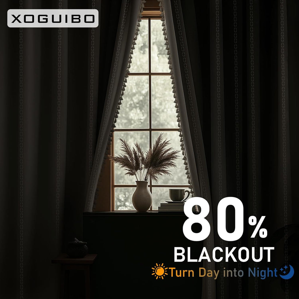 XOGUIBO Boho 80% Blackout Curtains with Gray Liner 84 Inches Long 2 Panels Set, Beige Linen Blend Drapes with Tassels and Cotton Emb…