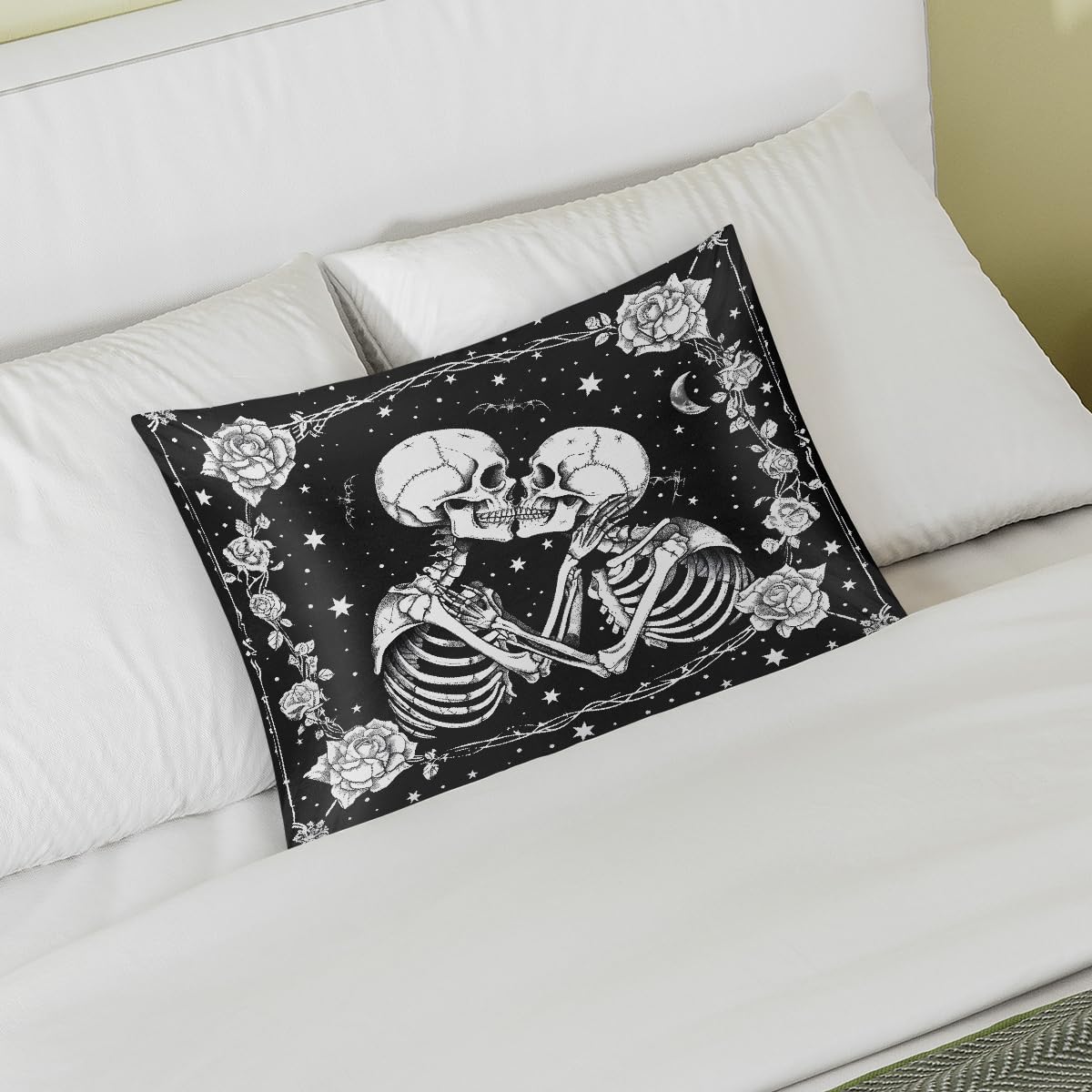 Satin Pillowcase for Hair and Skin Black Halloween Skull Couple Soft Silk Pillow Case with Envelope Closure Cooling Pillow Cases Slip…