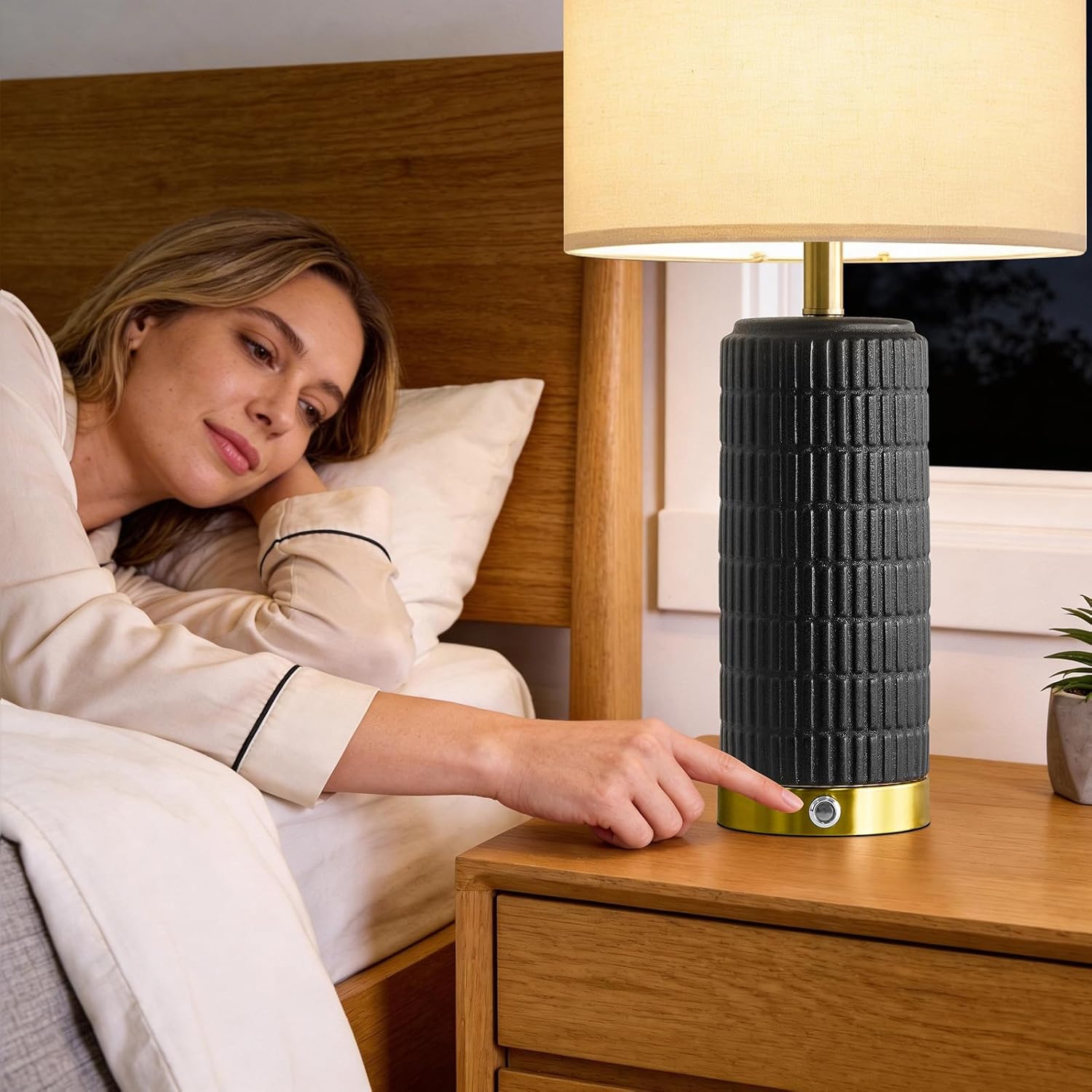 PoKat Ceramic Table Lamps Set of 2 for Living Room, 25'' Modern Touch Bedside Lamps for Bedroom with 2 USB Ports, Farmhouse Black…