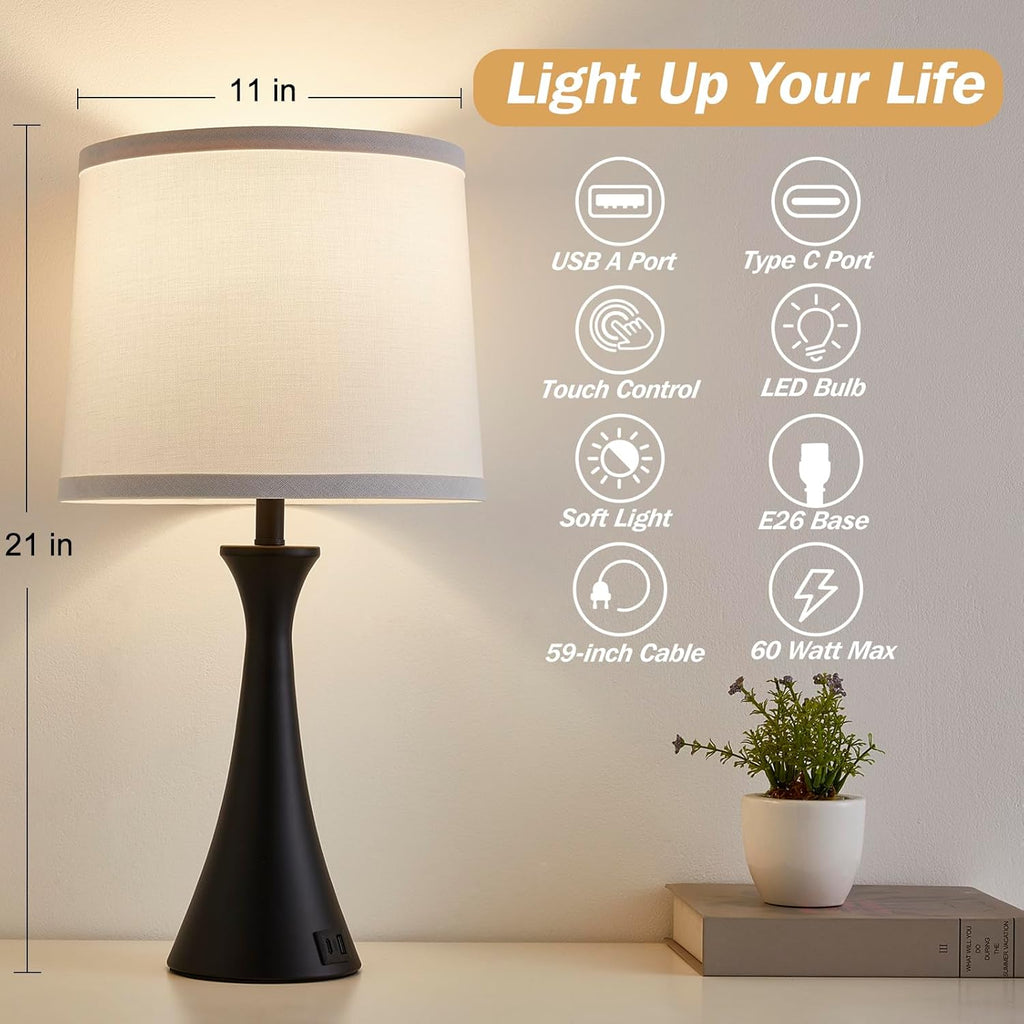 Touch Lamp for Living Room Bedroom, 21" Table Lamps Set of 2 with USB C+A Ports and White Lamp Shades, Touch Bedside Lamps for Nightstand…