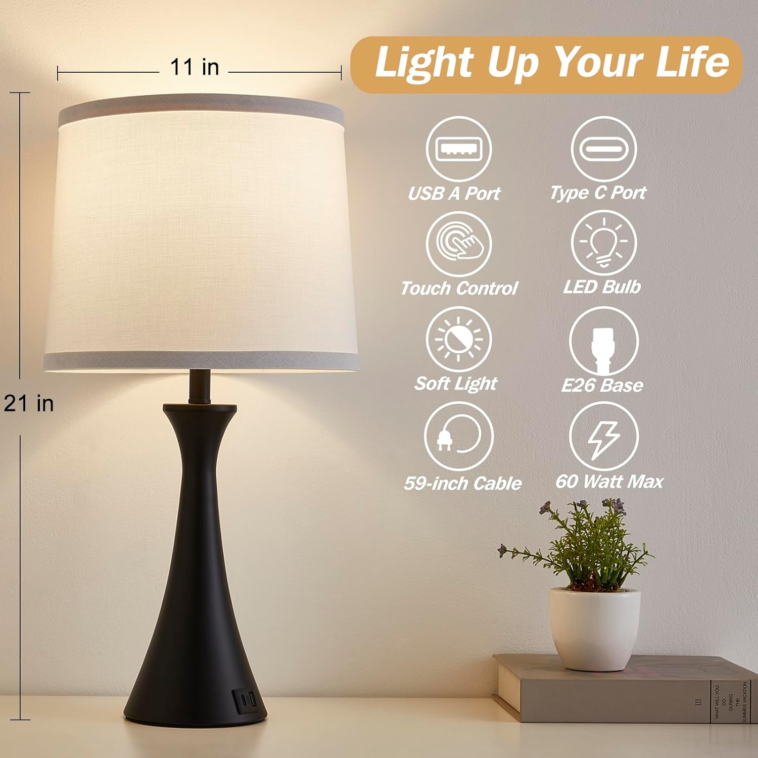 Touch Lamp for Living Room Bedroom, 21" Table Lamps Set of 2 with USB C+A Ports and White Lamp Shades, Touch Bedside Lamps for Nightstand…