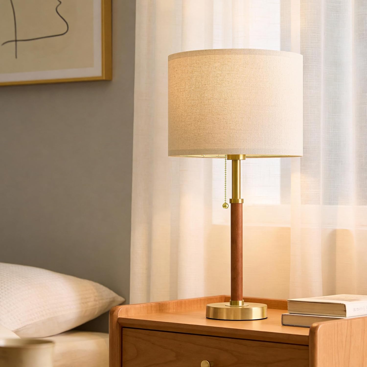G-SAFAVA 22" Wood Table Lamps Mid Century Modern Lamp for Bedroom Living Room Bedside Lamps for Night Stands Nightstand Lamp with Pull…