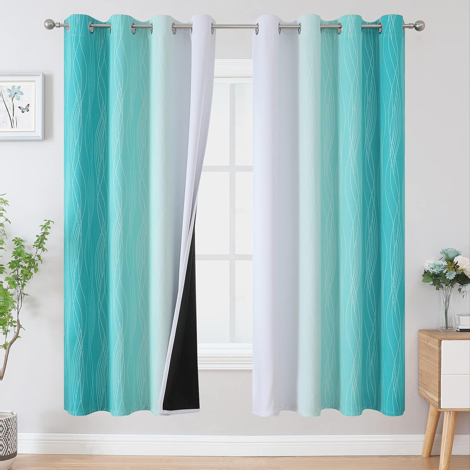 Estelartextiler Estelar Textiler Grayish White and Teal Blackout Curtains for Living Room, Ombre Thermal Insulated Noise Reducing Blackout…