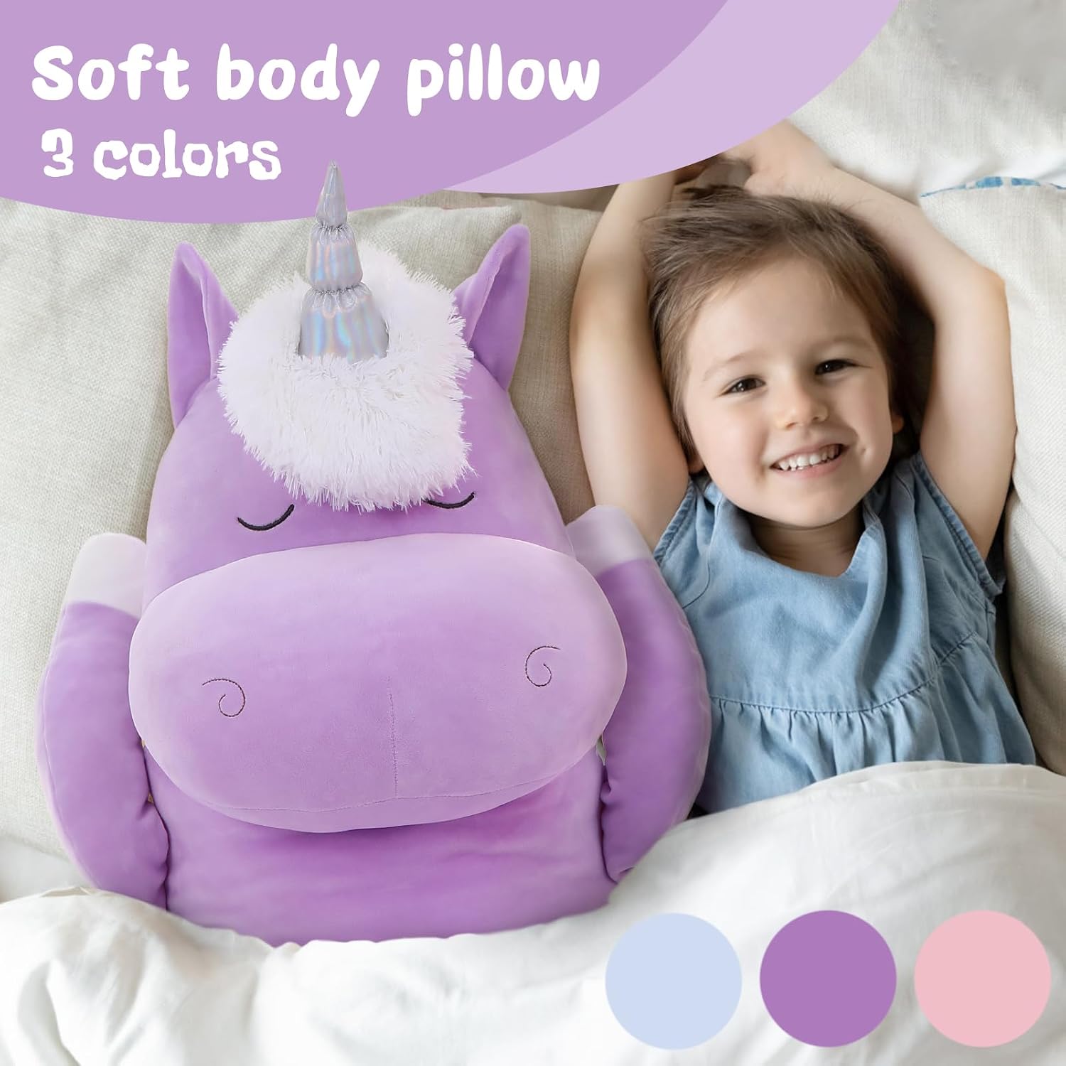 MorisMos Giant Plush Unicorn Body Pillow 4 Ft,51 in Long Purple Unicorn Stuffed Animal Body Pillow for Kid Girl Boy, Soft Big Hugging Toy…