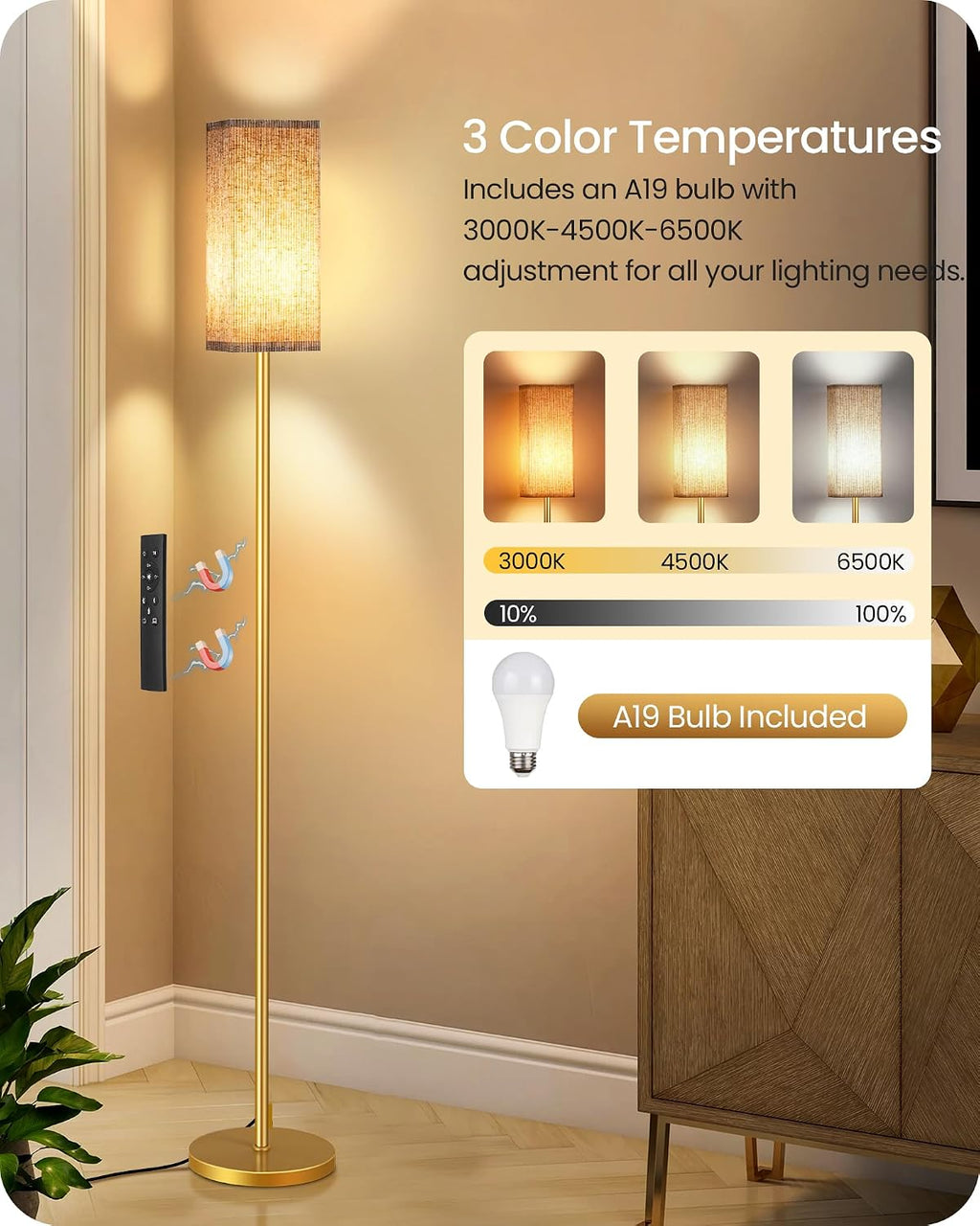 2Pack 64.2” Dimmable Floor Lamp for Living Room with Remote & Foot Switch, Corner Floor Lamp for Bedroom, Includes A19 Bulb, Modern…