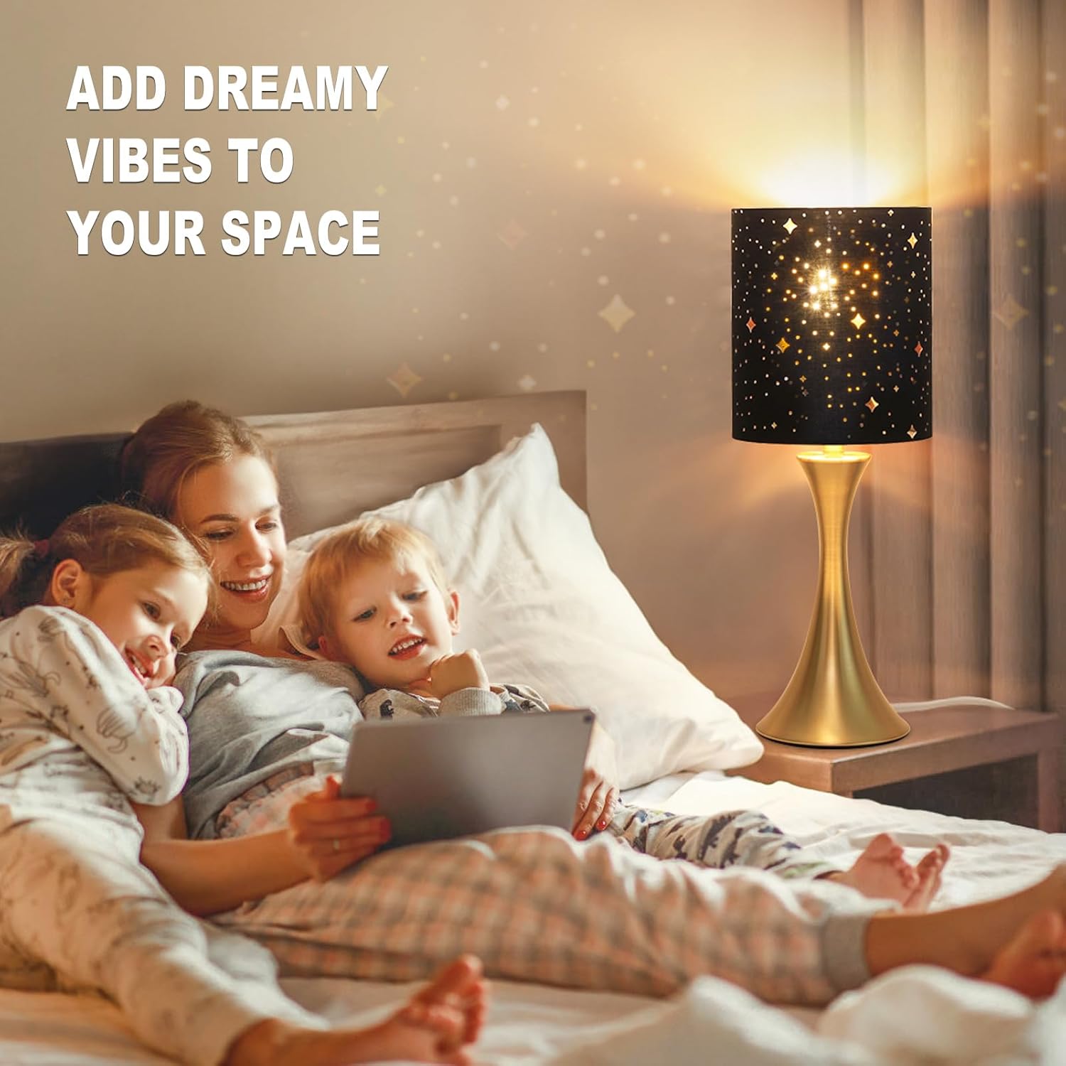 Touch Lamp for Bedroom, 3 Way Dimmable Gold Table Lamp with Black Starry Shade, Decorative Nightstand Lamp Ambient Beside Light for…