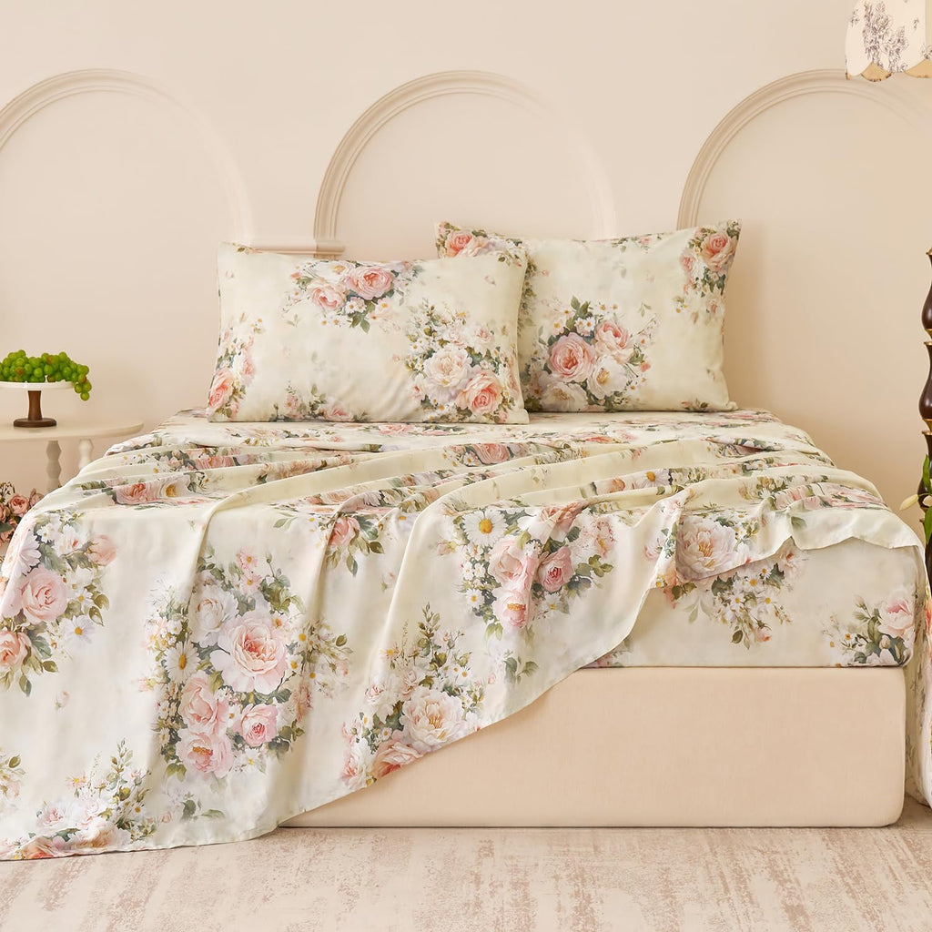 Softtouchsweetdreams Silky Floral Bed Sheets Full Size Cream 100% Cotton Blush Pink Rose Printed Sheet Set, Satin Weave Cooling Sheets for…
