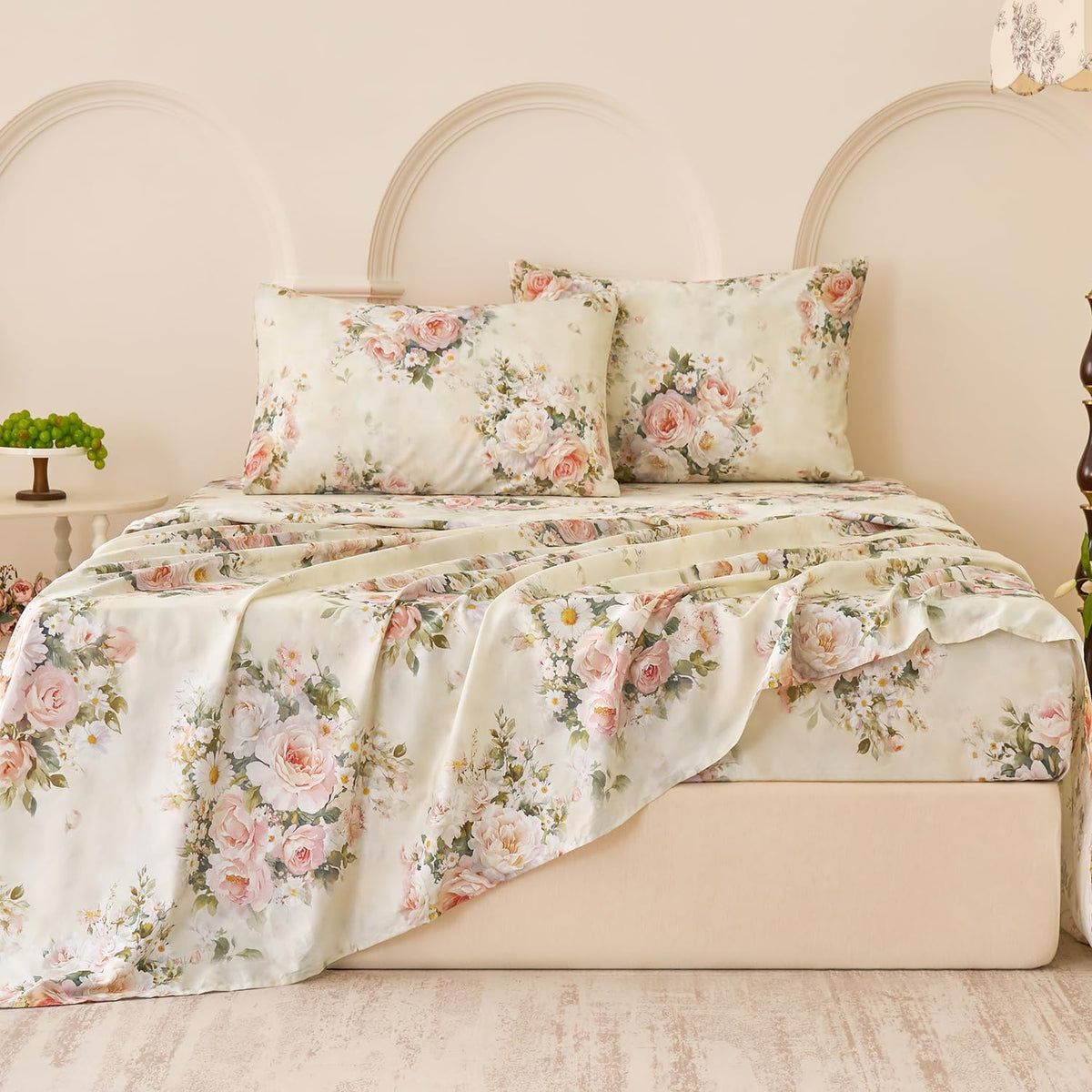 Softtouchsweetdreams Silky Floral Bed Sheets King Size Cream 100% Cotton Blush Pink Rose Printed Sheet Set, Satin Weave Cooling Sheets for…