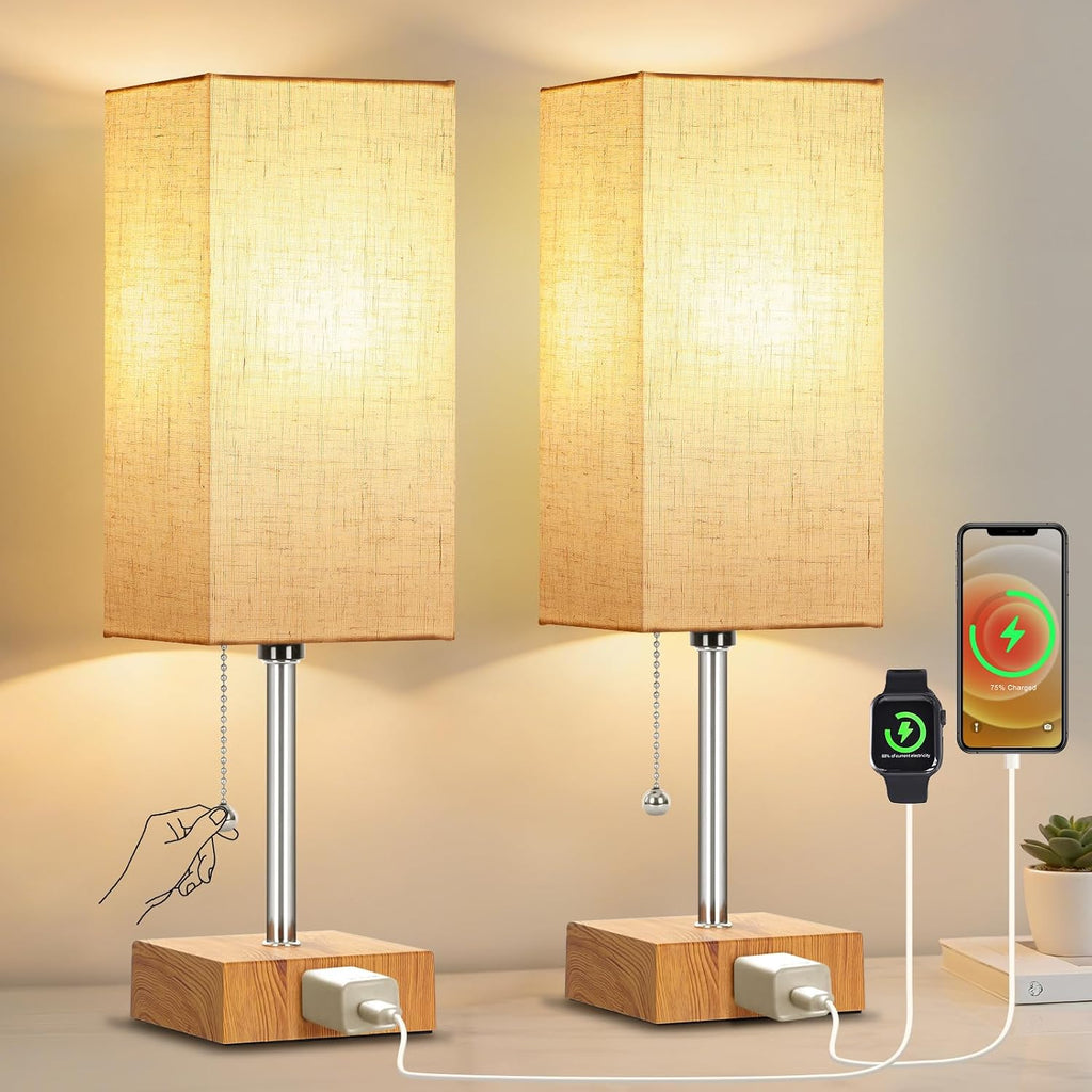 PLMMY Bedside Table Lamps for Bedroom Nightstand, Bedroom Lamp with 3 Color Temperatures Nightstand Lamps Set of 2 with AC Outlets…