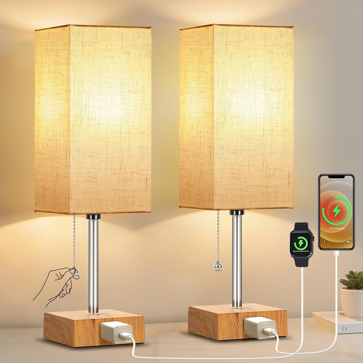 PLMMY Bedside Table Lamps for Bedroom Nightstand, Bedroom Lamp with 3 Color Temperatures Nightstand Lamps Set of 2 with AC Outlets…