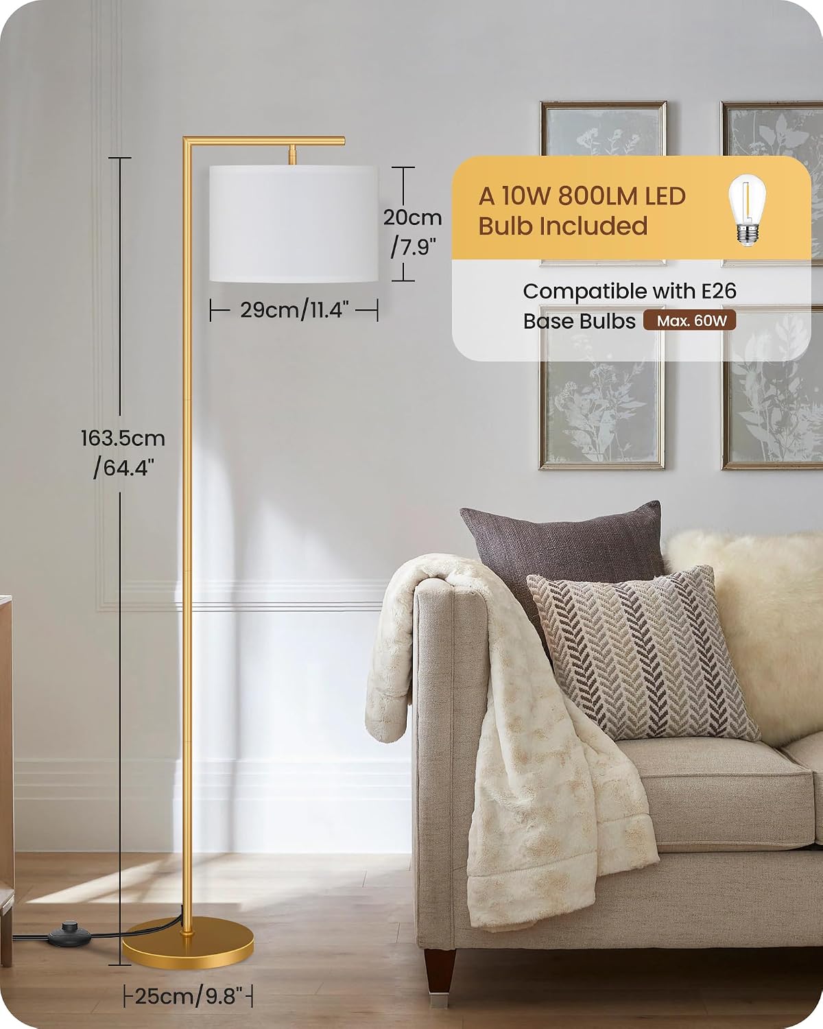 Goebleson Gold Dimmable Floor Lamp, Modern Arc Lamp with Remote, Standing Corner Light with Lampshade, Tall Reading Lighting for Bedroom, L…