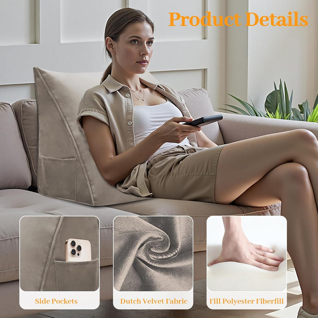 Wedge Headboard Pillow Reading Backrest Pillow for Sitting in Bed Sofa Dorm with Removable Cover Side Pockets Dutch Velvet Fabric Camel