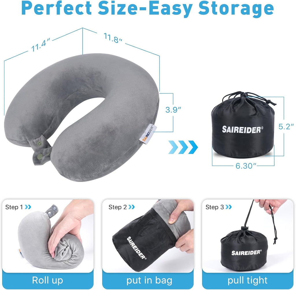 Saireider Travel Pillows for Sleeping Airplane 100% Pure Memory Foam Neck Pillow for Airplanes Washable Cover with Storage Bag (Grey) 6.3 i…