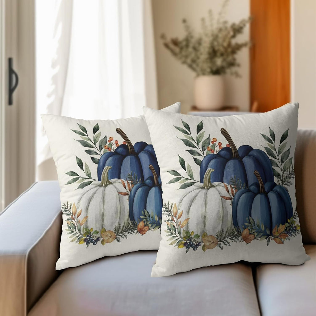 Pumpkins Throw Pillow Covers 20x20 inch 2 Packs Fall Blue and White Pumpkin Pillowcase Autumn Thanksgiving Vintage Outdoor Decorations…