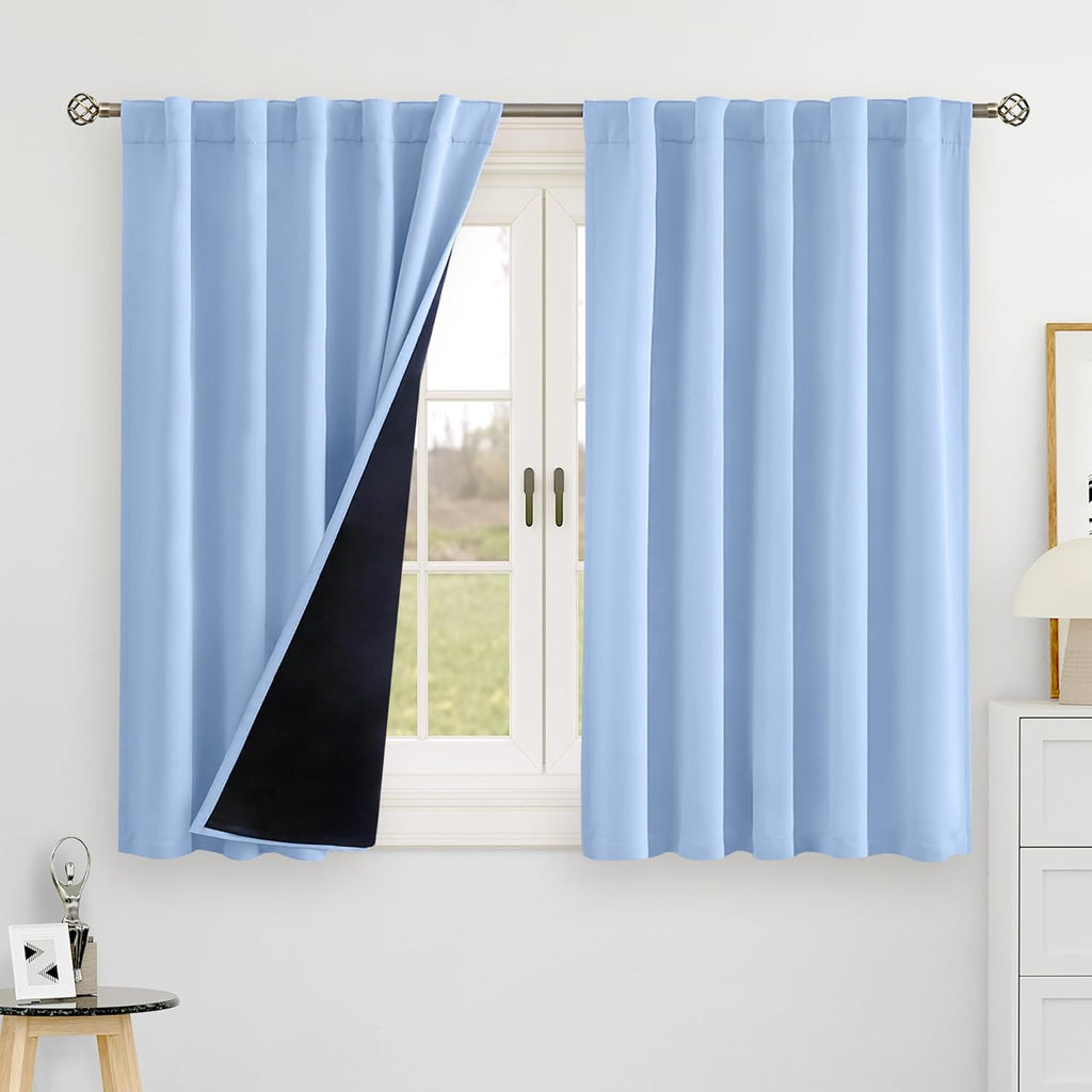 BGment Light Blue 100% Blackout 48 Inch Curtains for Small Window, Black Out Thermal Insulated Room Darkening Rod Pocket and Back Tab…