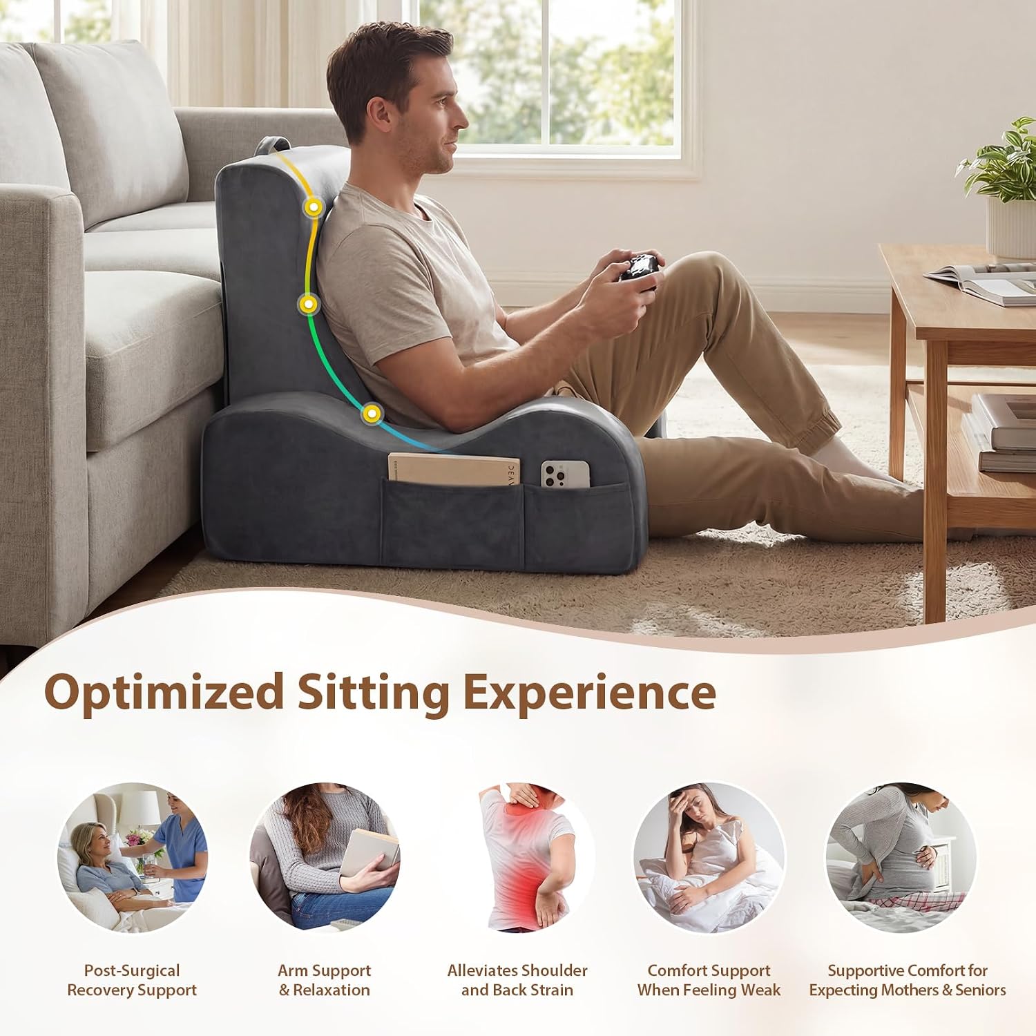Quilmfoam Reading Pillow for Sitting in Bed Adult, Back Pillow for Sitting Up with Arms, Bed Pillow Back Support for Reading, TV, Gaming…