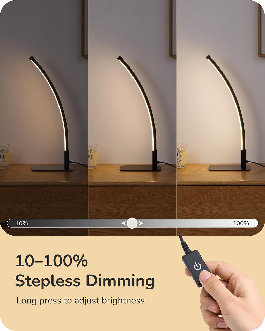EDISHINE Curved LED Table Lamp, Modern Bedside Lamp with 3 Color Temperature & Stepless Dimming, Aluminum & Iron, Nightstand Lamp for…