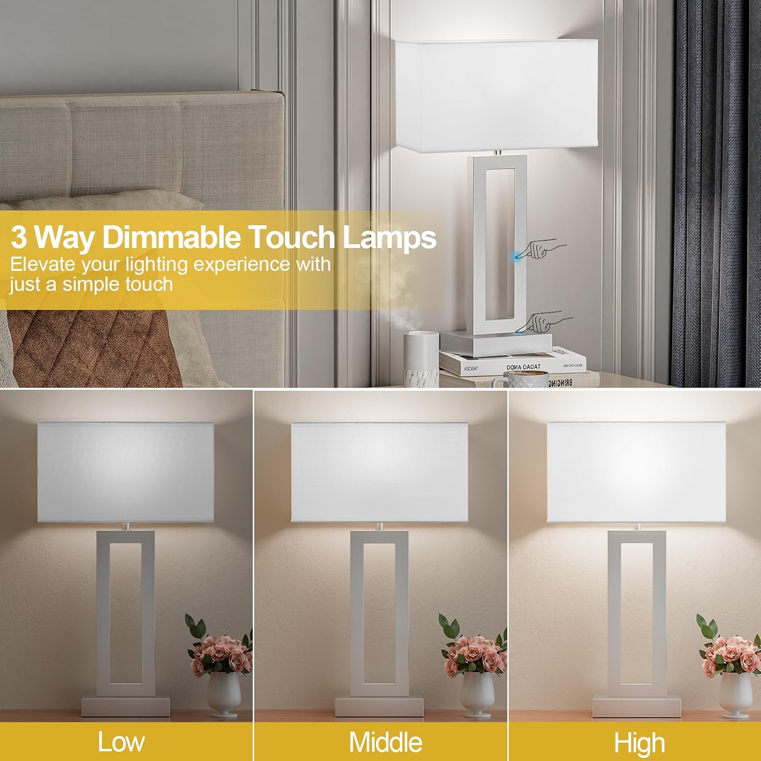 Seealle 22" Tall Bedroom Lamps for Living Room - Touch Brushed Nickel Bedside Lamps with USB C+A, 3 Way Dimmable Lamp for Nightstand…